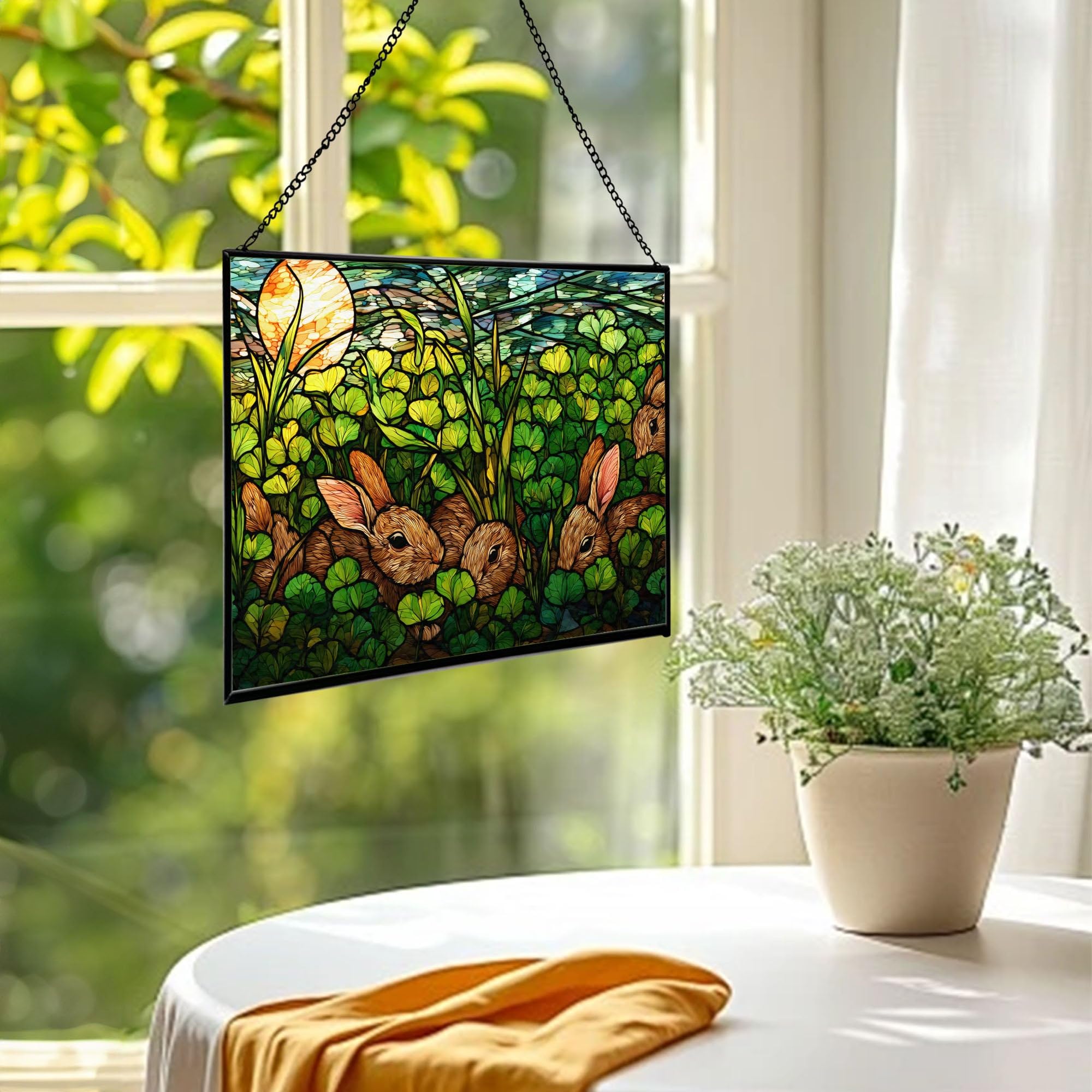Rabbits Hiding Beneath Clover Field Rectangular Stained Glass Suncatcher – Hanging Window Panel with Animal & Nature Scene – Vibrant Glass Art Gift for Wildlife, Fantasy, Nature Lovers 1keEn5