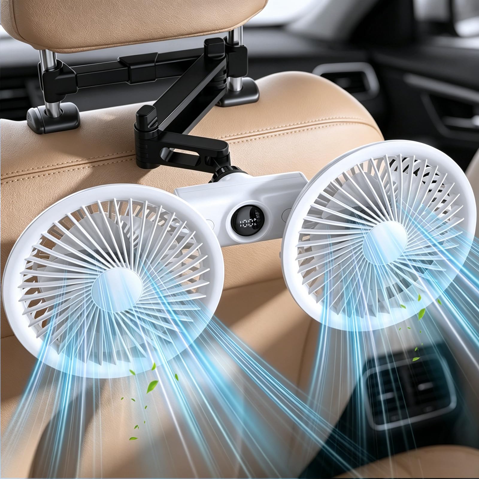 Photo 1 of ***MISSING ASSEMBLY PIECES*** Fan for Car Back Seat with LED Display, 3600mAh Battery Powered Carseat Fan for Baby Kids, Powerful 3 Speeds Dual Head Separate Control Car Fans that Blow Cold Air Circulation Fan for Sedan SUV Truck