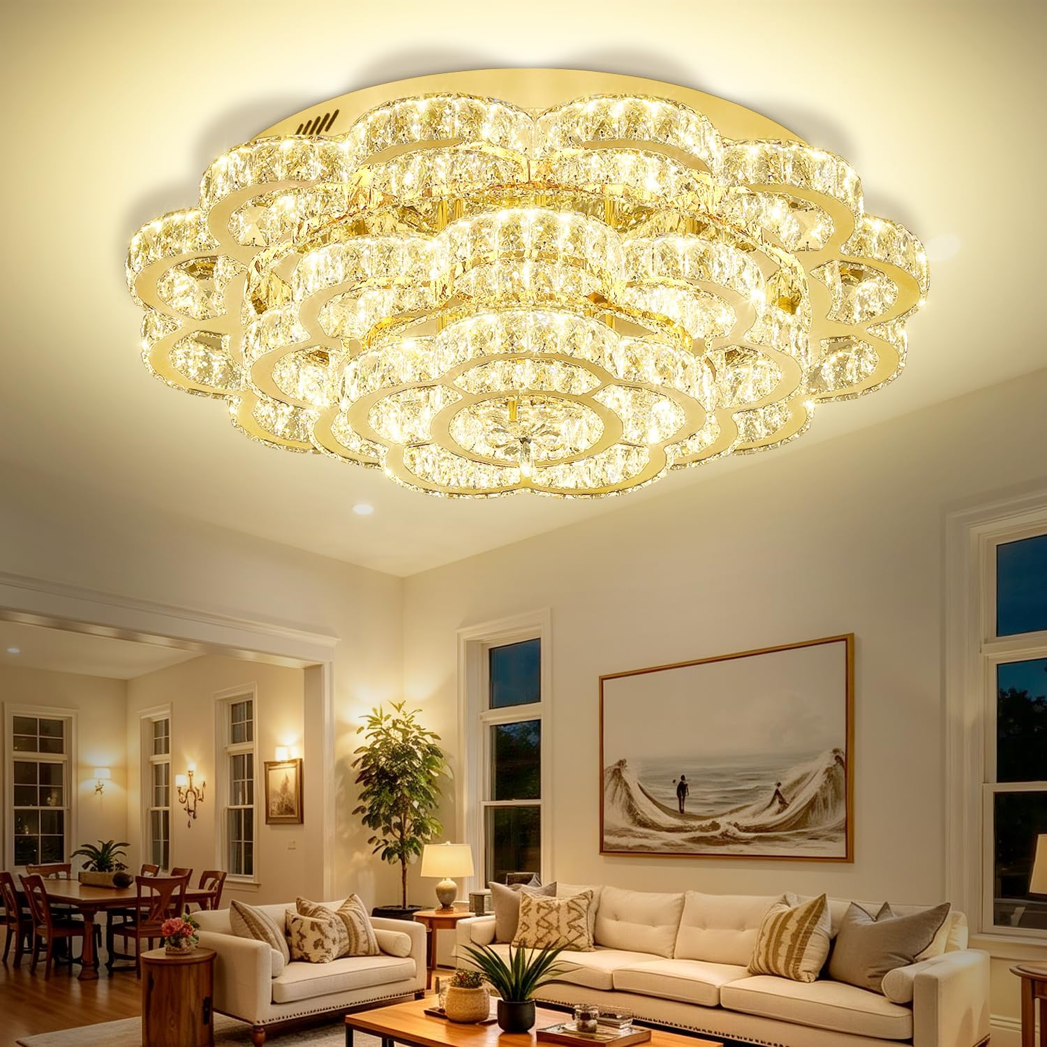 Flashing God W32 Modern Gold Crystal Chandeliers for Living Room Flush ...
