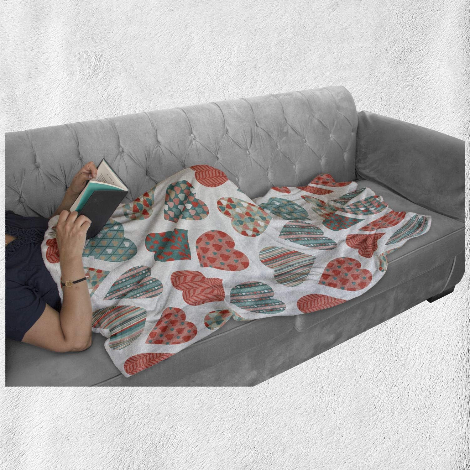Lunarable Valentines Day Throw Blanket, Patchwork Print Like Hearts Unusual Forms Stripes Graphic Designs Image, Flannel Fleece Accent Piece Soft Couch Cover for Adults, 50" x 60", Multicolor