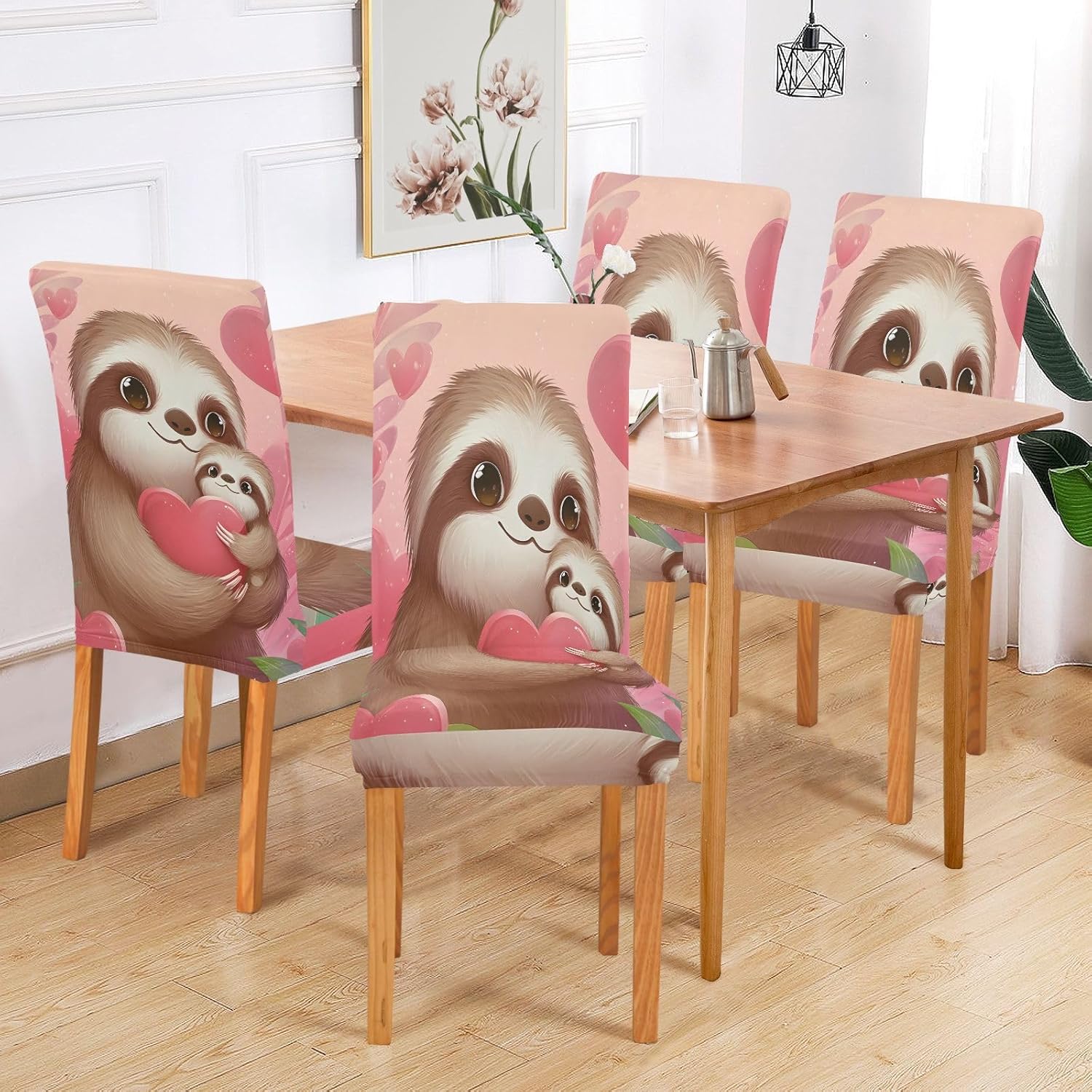 ALAZA Chair Covers for Dining Room, Sloth Love Stretch Chair Cover Sets Chair Protector Removable Washable for Ktichen Restaurant Hotel
