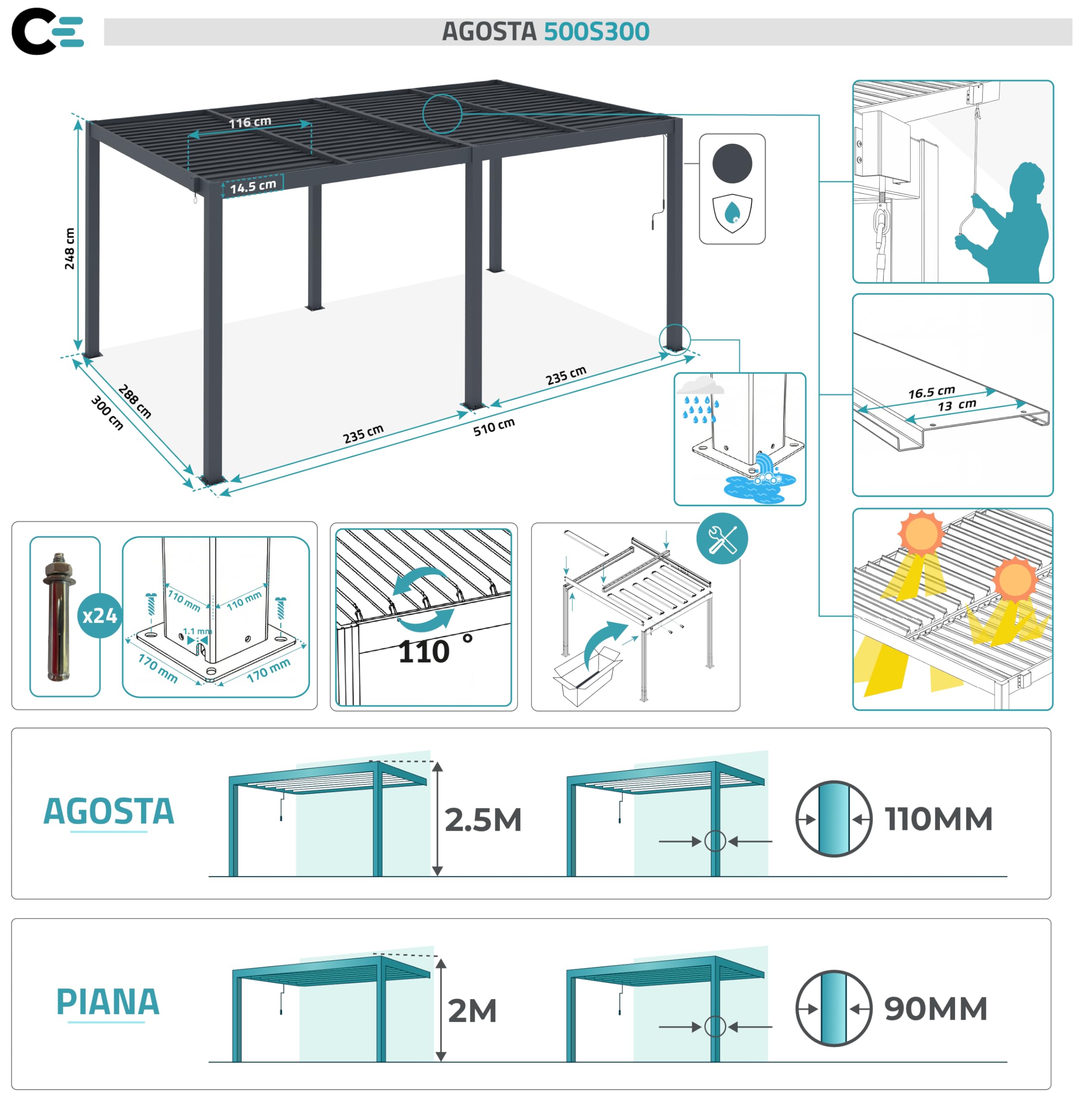 Cazeboo Pergola bioclimatica autoportante AGOSTA 5x3, altezza 250cm - Alluminio grigio