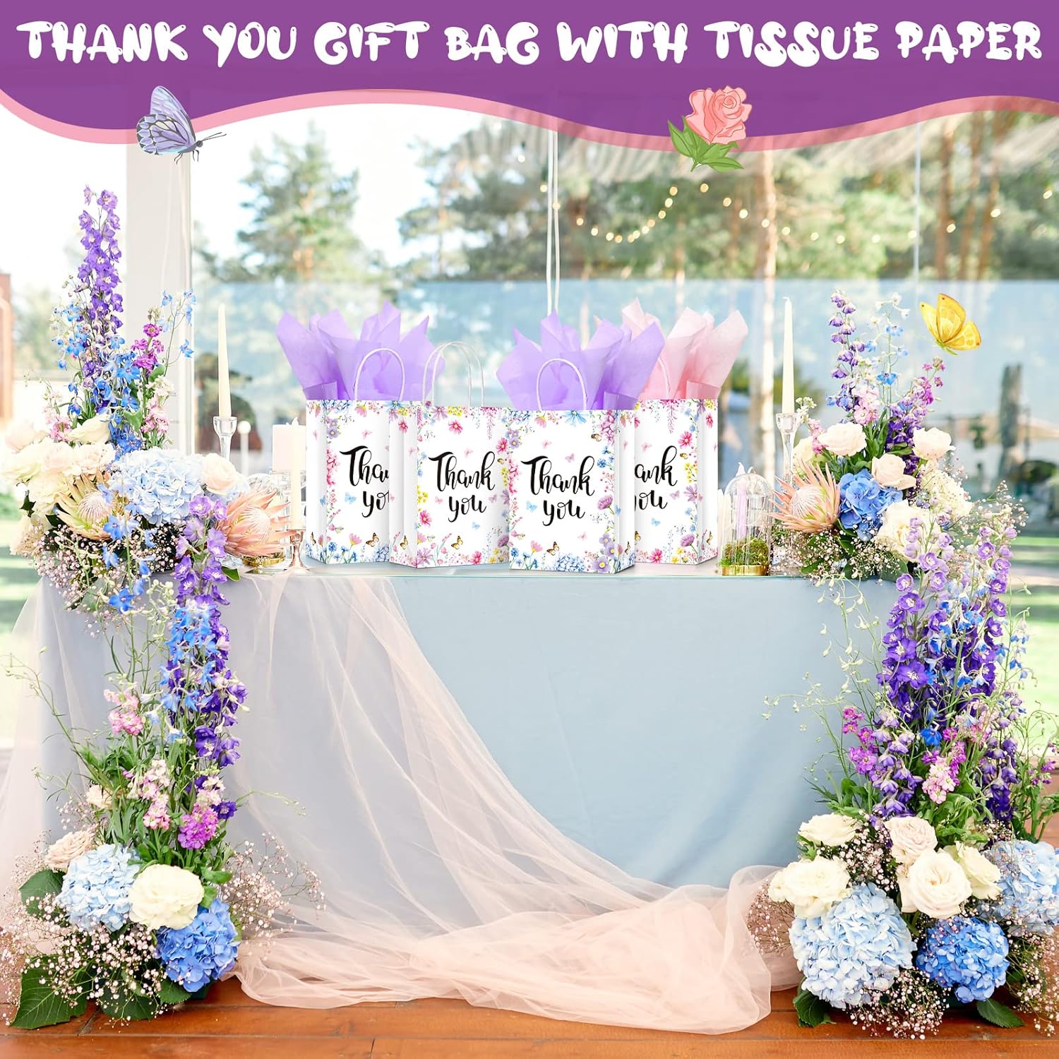 Tinlade 30 Pcs Thank You Gift Bags with Tissue Paper Gold Thank You Wedding Bags with Handle for Graduation Business Shopping Wedding Shower Party Favors(Floral Color) - Image 6