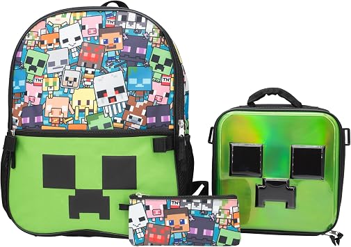 AI ACCESSORY INNOVATIONS Minecraft 5 PC Backpack Set, Creeper 3D Molded Front Panel, 16" Boys & Girls School Bag