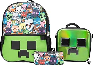 AI ACCESSORY INNOVATIONS Minecraft 5 PC Backpack Set, Creeper 3D Molded Front Panel, 16" Boys & Girls School Bag