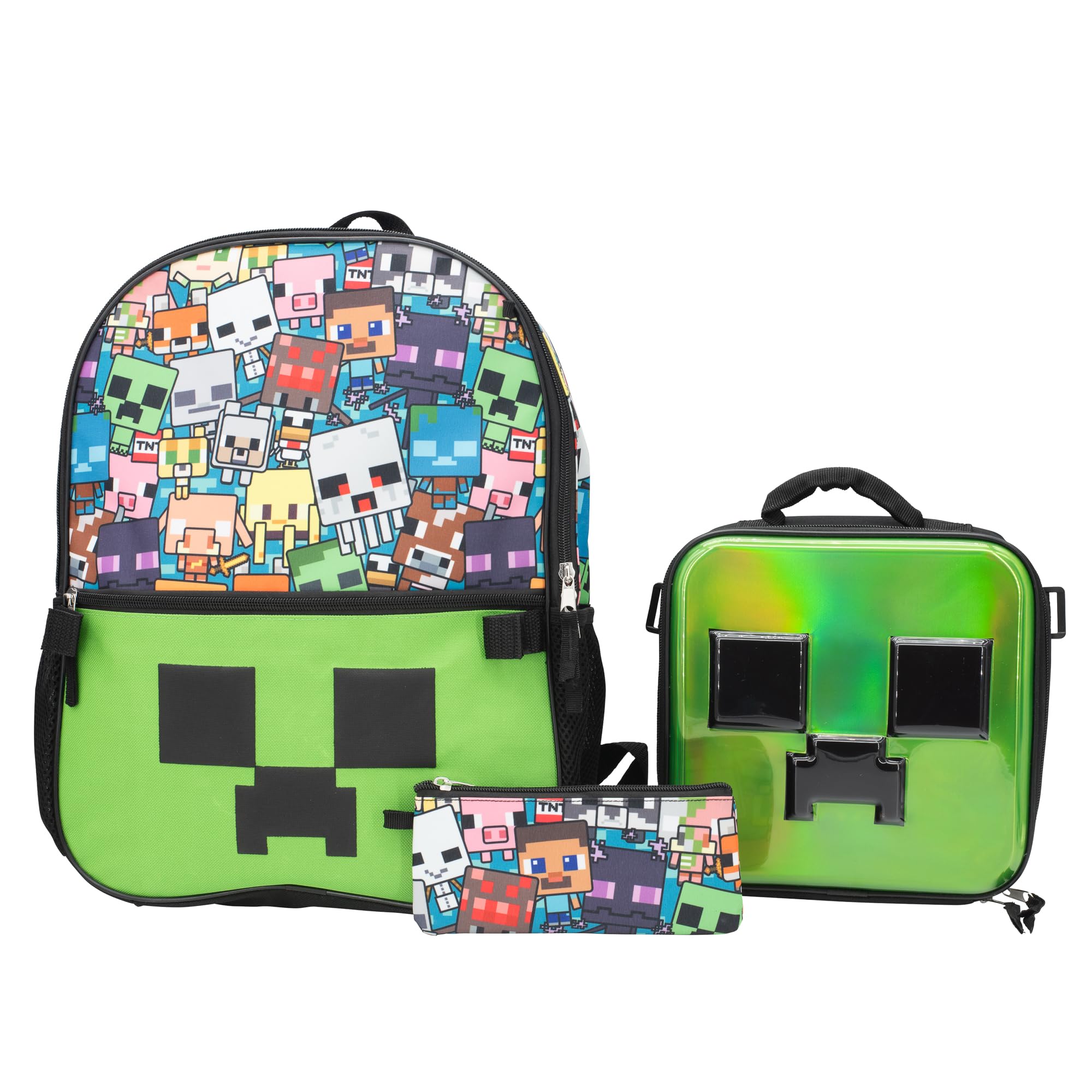 AI ACCESSORY INNOVATIONS Minecraft 5 PC Backpack Set Creeper 3D Molded Front Panel 16 Boys Girls School Bag