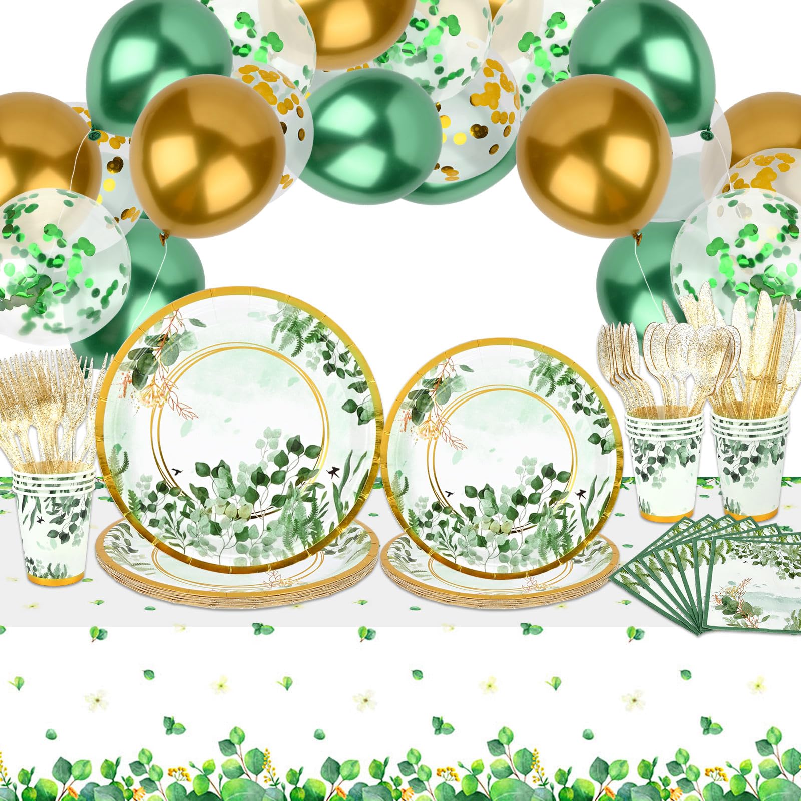 316 Pcs Eucalyptus Party Supplies, Sage Greenery Tableware Set Serves for 16 Guests Green Leaf Tablecloth Plates Spoons Knives Forks Cups Napkins for Boho Bridal Shower Birthday Wedding Decorations