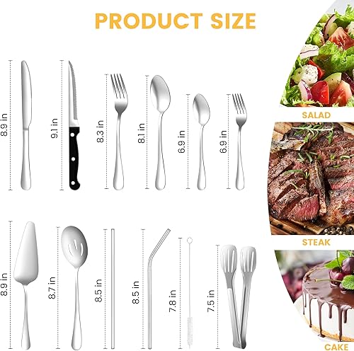 Miniatura 9 de Juego de cubiertos dorados de 25 piezas para 5, cubiertos de acero inoxidable, cucharas y tenedores de pulido de espejo con pajita de metal,