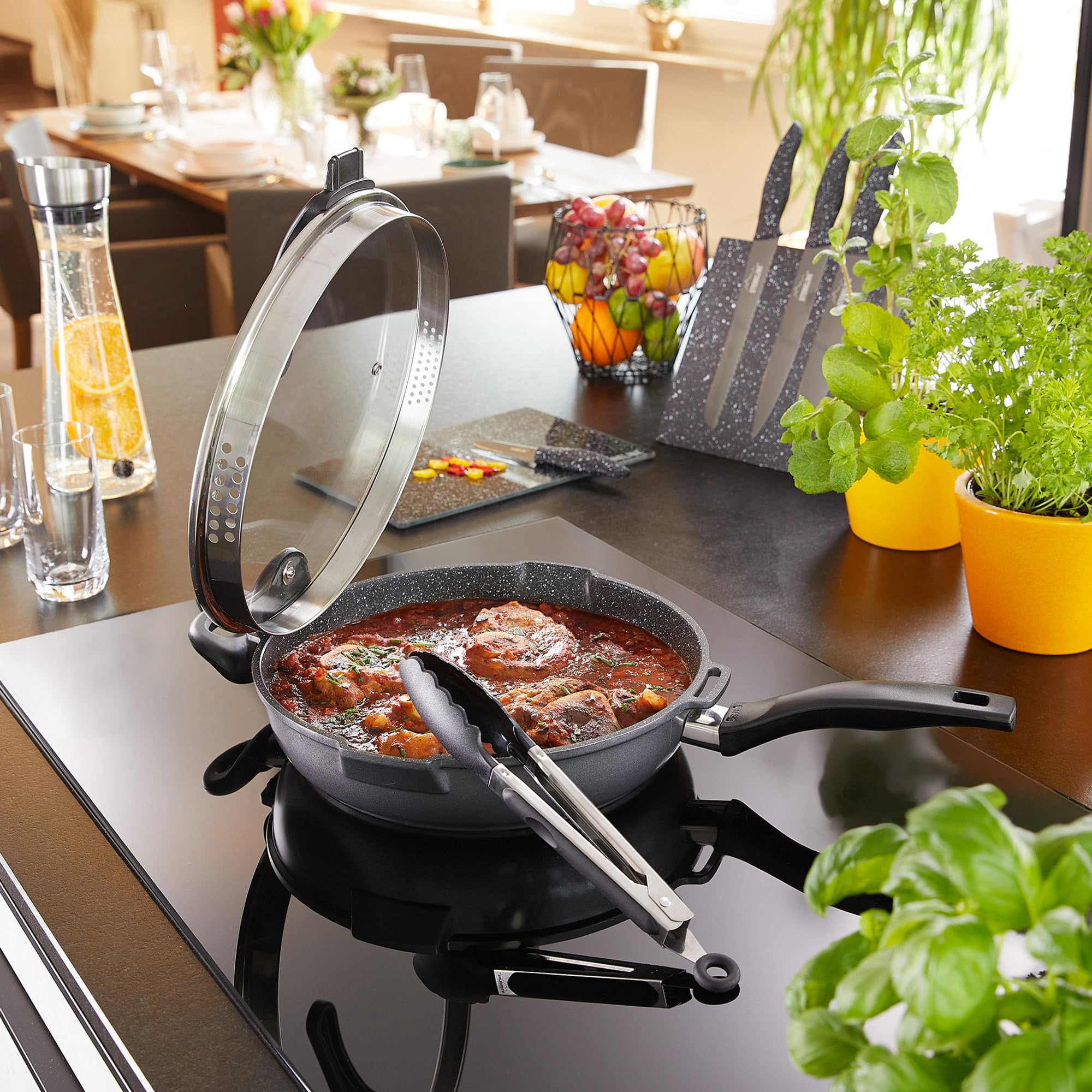STONELINE FUTURE Schmorpfanne 28 cm, 3,4 L, Pfanne Hoher Rand mit Sieb Deckel, Universalpfanne beschichtet mit echten Steinpartikeln, Aluguss Pfanne Induktion für alle Herdarten geeignet