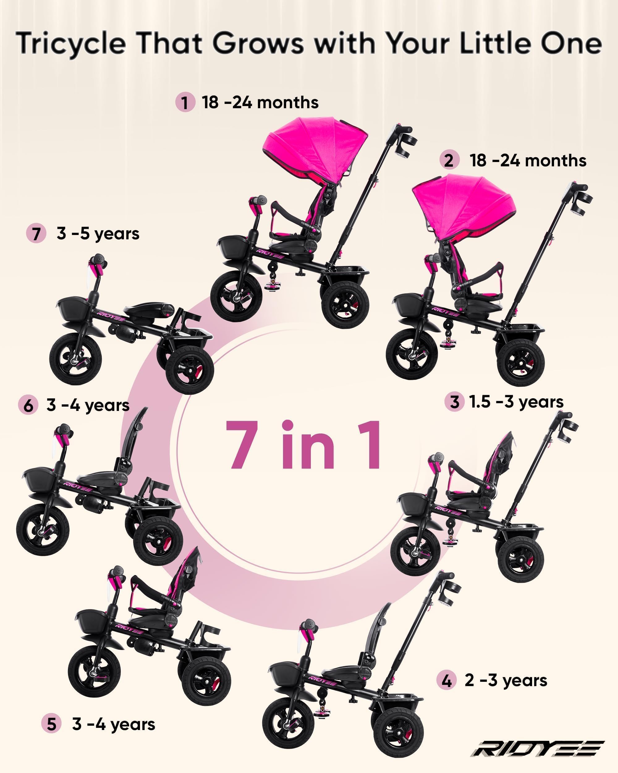RIDYEE - Triciclo 7 en 1 para 18 meses a 5 años, neumáticos de goma todo terreno, frenos de rueda dobles, asiento giratorio para niños de 1.5 a 3, triciclo para niños de 3 a 5 años con calcomanías