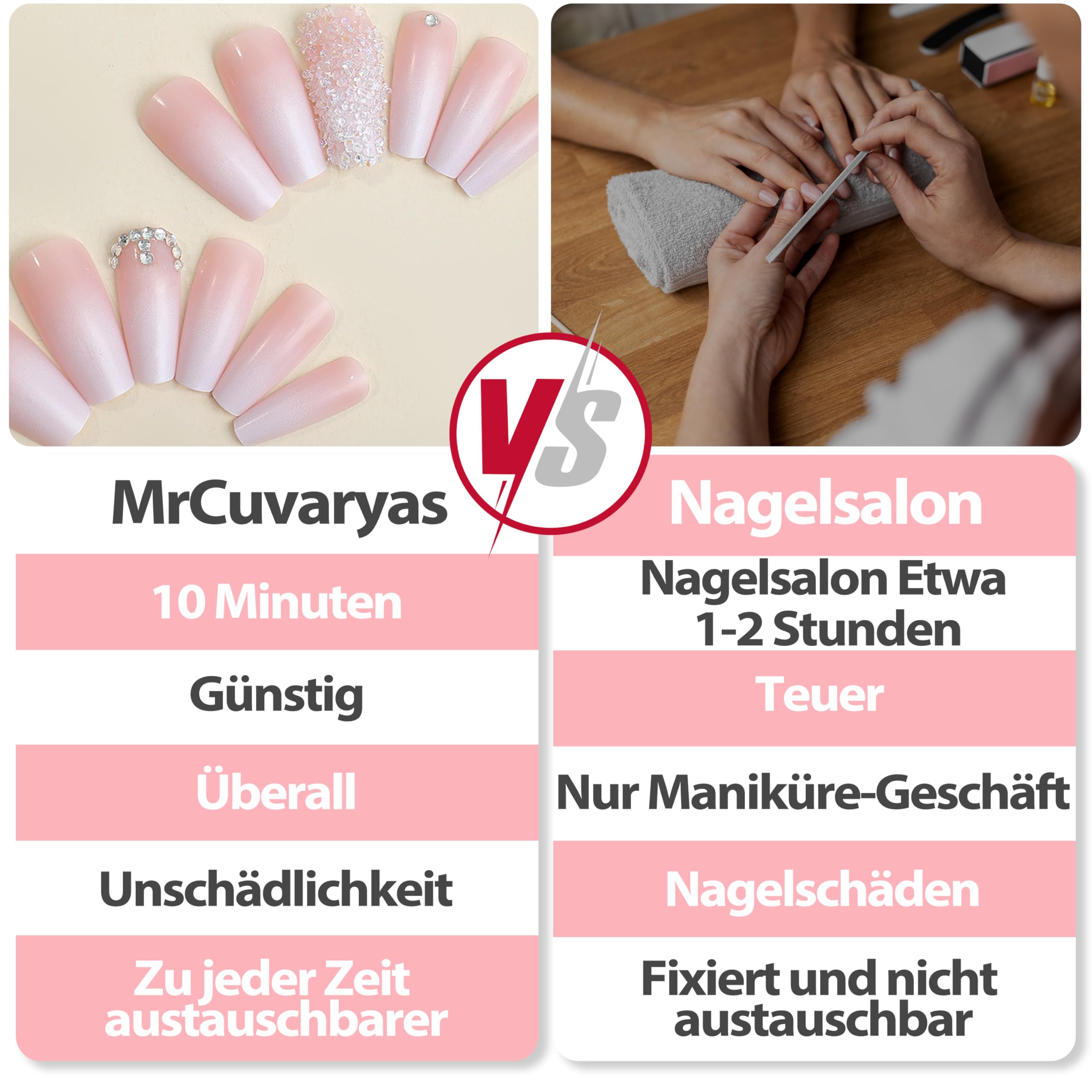 24 x sztuczne paznokcie do naklejenia - różowe brokatowe - Pełna pokrywa - Akryl - Dla kobiet i dziewcząt - Manicure (różowy baletkowy)