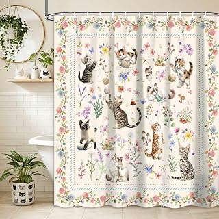 Cute Cat Floral Shower Curtain, Whimsical Kitten with Yarn Ball Wildflower Bathroom Decor, Boho Vintage Flower Frame Bath Curtain, Waterproof Washable Fabric Shower Curtain Set with Hooks,72X72IN