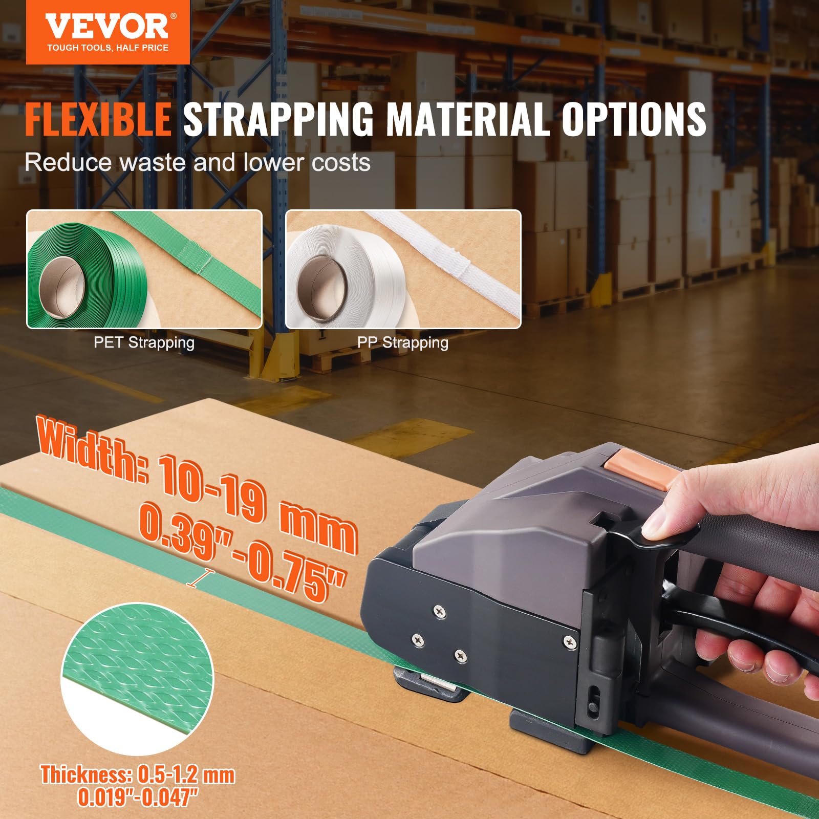 VEVOR Elektrische Umreifungsmaschine, für 1-2 cm PP-/PET-Bänder, elektrisches Umreifungsgerät mit Digitalanzeige, 2 x 4000 mAh batteriebetriebene Handumreifungsmaschine für Verpackungskartonpaletten