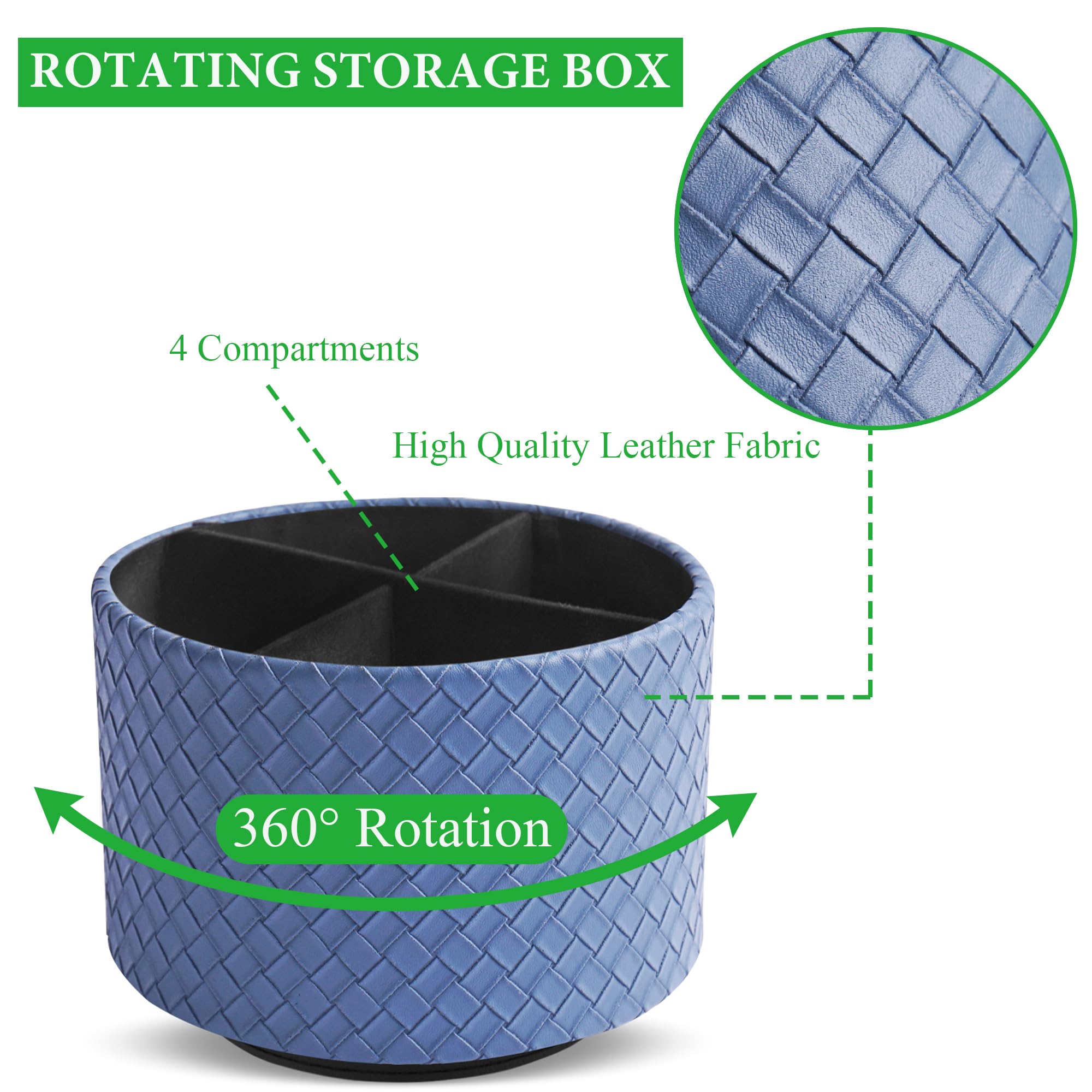 Mtzmy Round Leather Art Supply Organizer,Remote Control Holder,360 Degree Spinning,Multi-Functional Pencil Holder,4 Compartments Desktop Stationary Organizer(1-Woven Blue) - Image 3