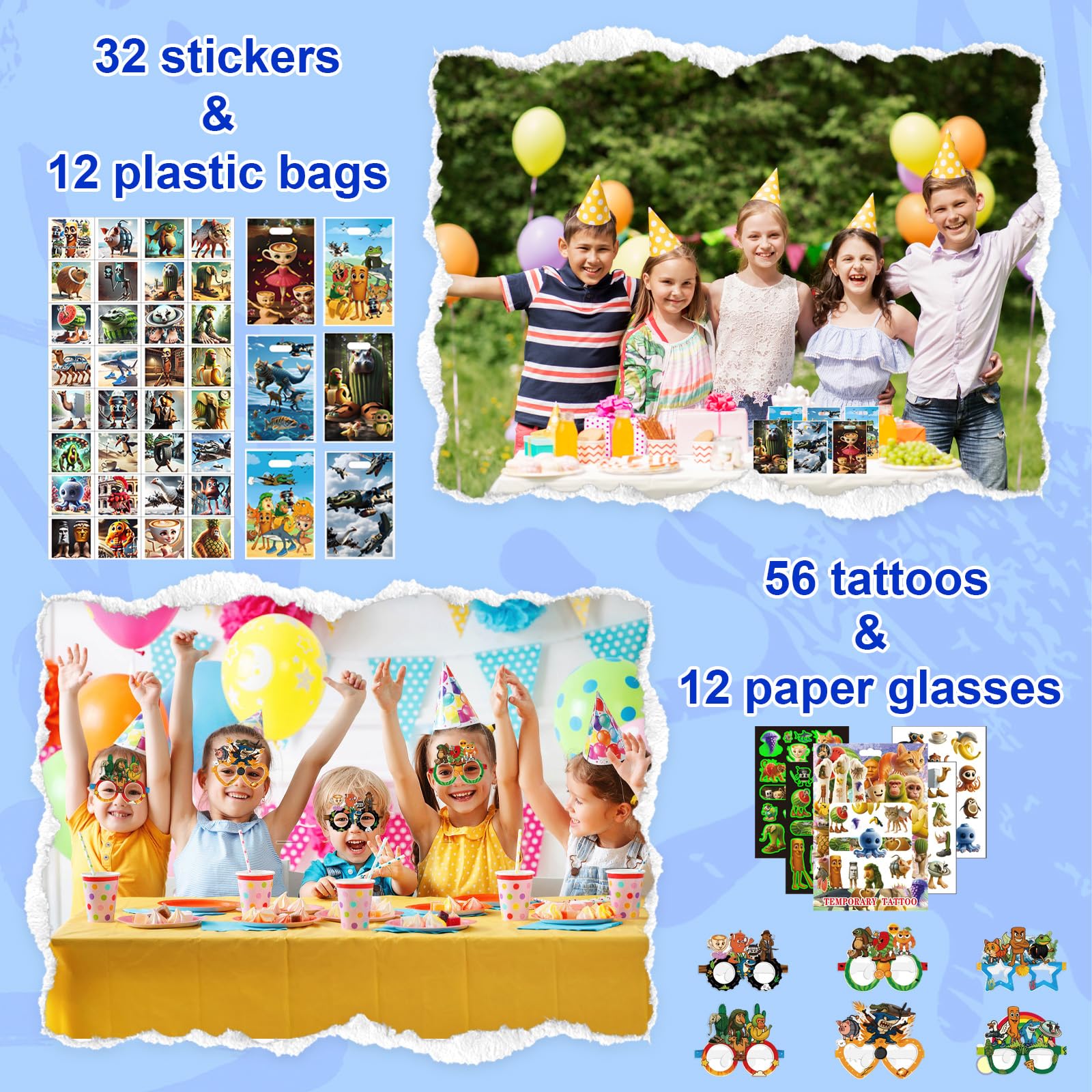 Brainrot - Set di 196 sacchetti per feste italiane, con portachiavi, adesivi, bracciali, tatuaggi, occhiali, carte, sacchetti per regali per bambini e ragazzi