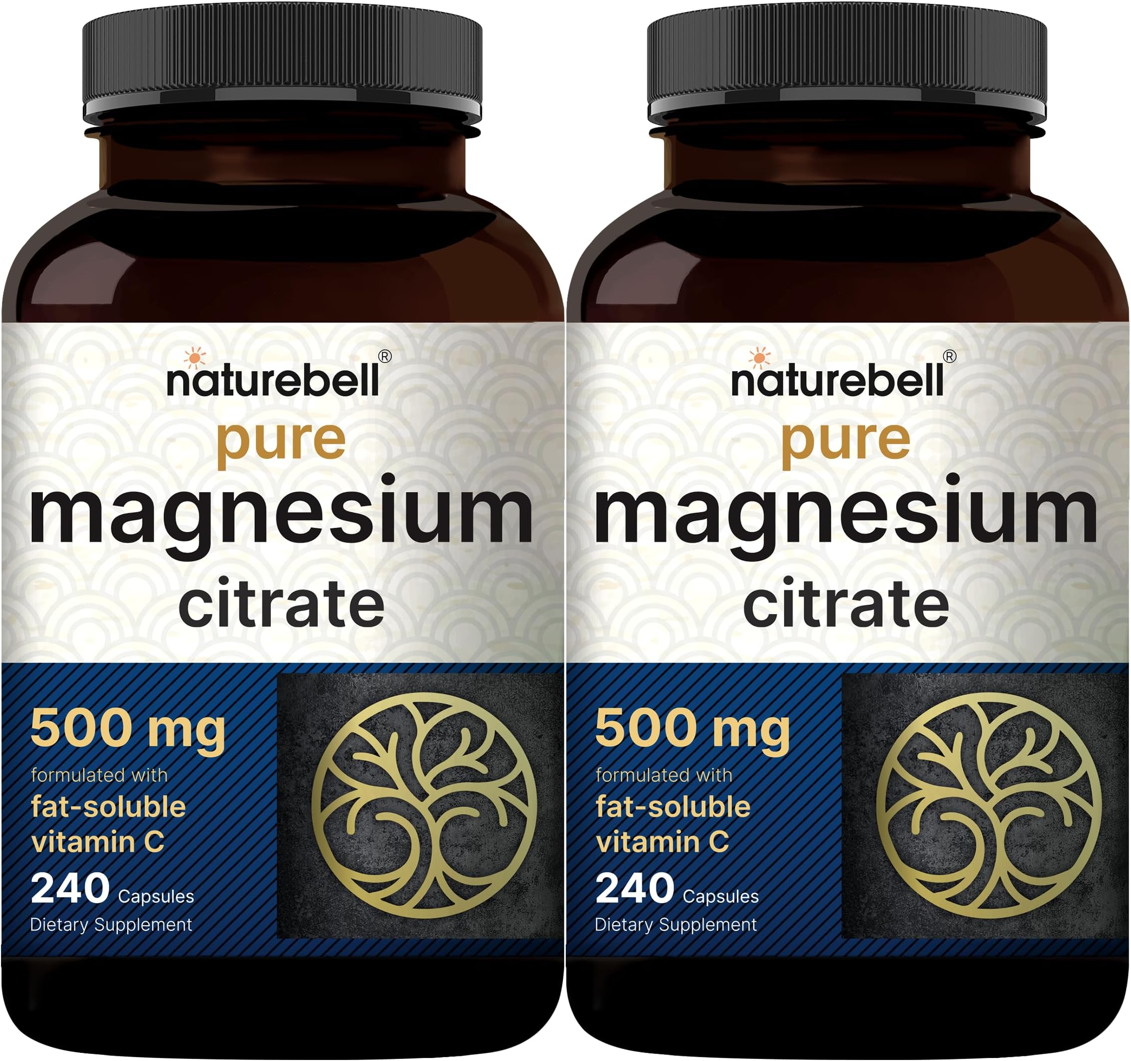NatureBell 2 Pack Pure Magnesium Citrate 500mg, 480 Capsules | High-Purity Elemental Form | Non-GMO, Gluten-Free