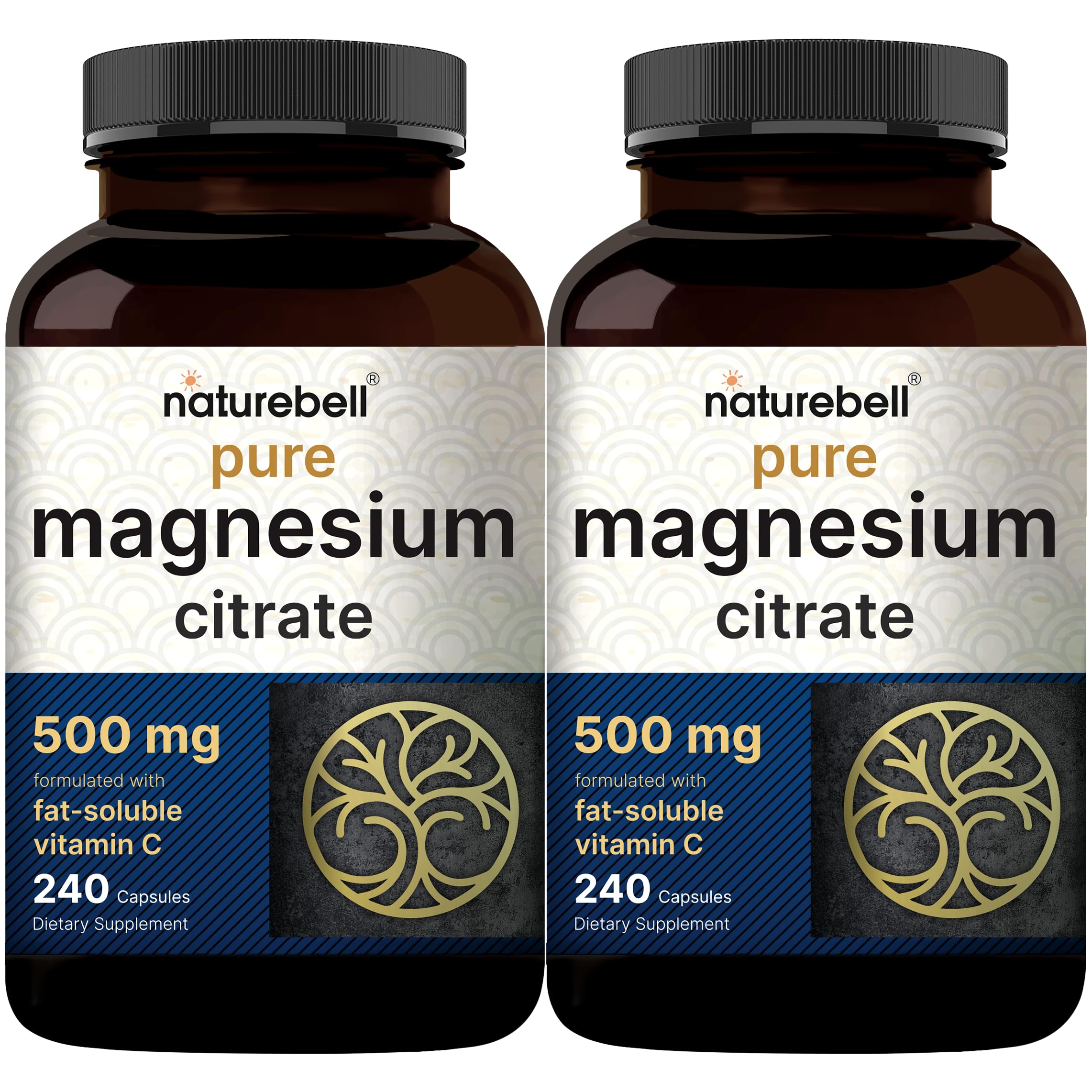 NatureBell 2 Pack Pure Magnesium Citrate 500mg, 480 Capsules | High-Purity Elemental Form | Non-GMO, Gluten-Free