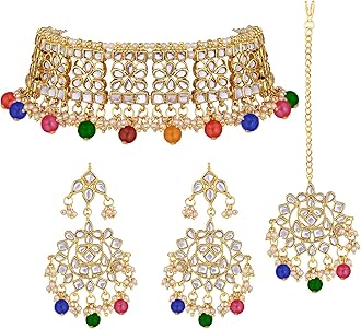 Aheli Elegant Indian Faux Kundan Studded Choker Necklace with Maang Tikka Set Ethnic Wedding Wear Fashion Jewelry Gift for Women