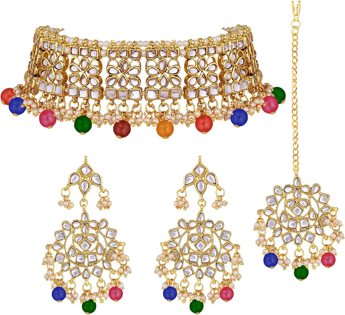 Elegant Indian Faux Kundan Studded Choker Necklace with Maang Tikka Set Ethnic Wedding Wear Bharatanatyam jewellery set Gift for Women