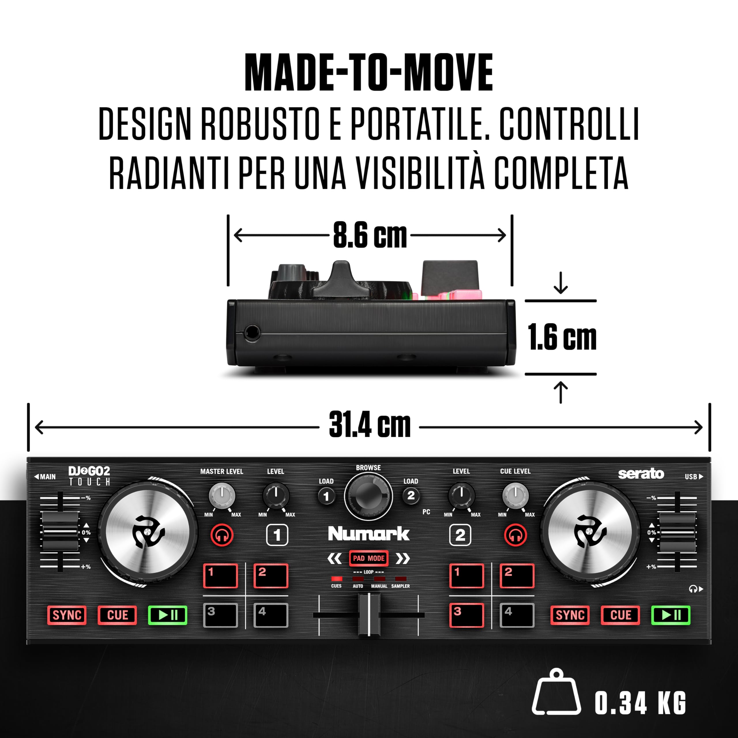 Numark DJ2GO2 Touch Controller DJ Compatta USB 2 Deck Serato DJ Mixer Crossfader Scheda Audio Jog Wheel Capacitive