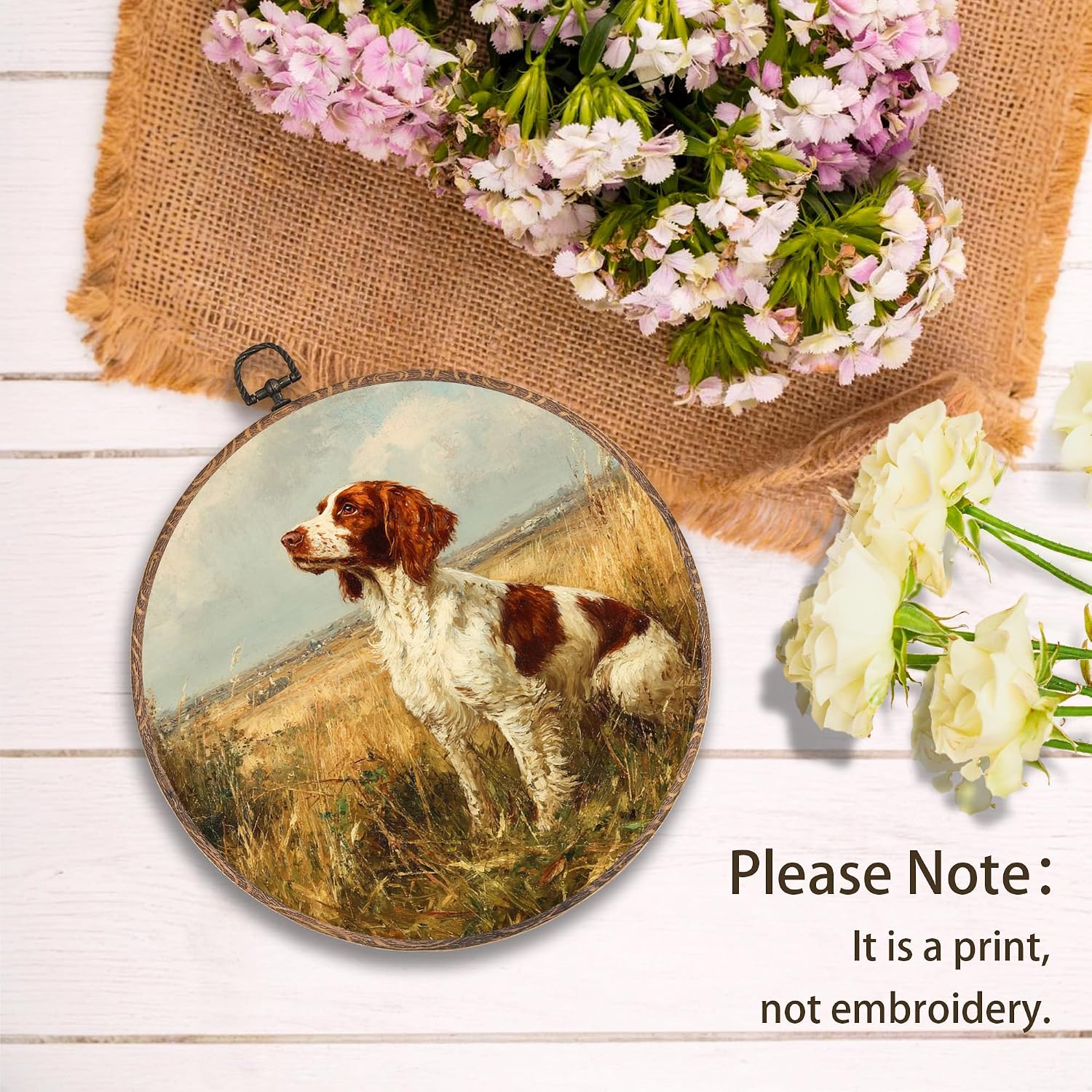 Vintage Brittany Spaniel Framed Wall Art Rustic Farmhouse Hunting Dog Decor 10x10in
