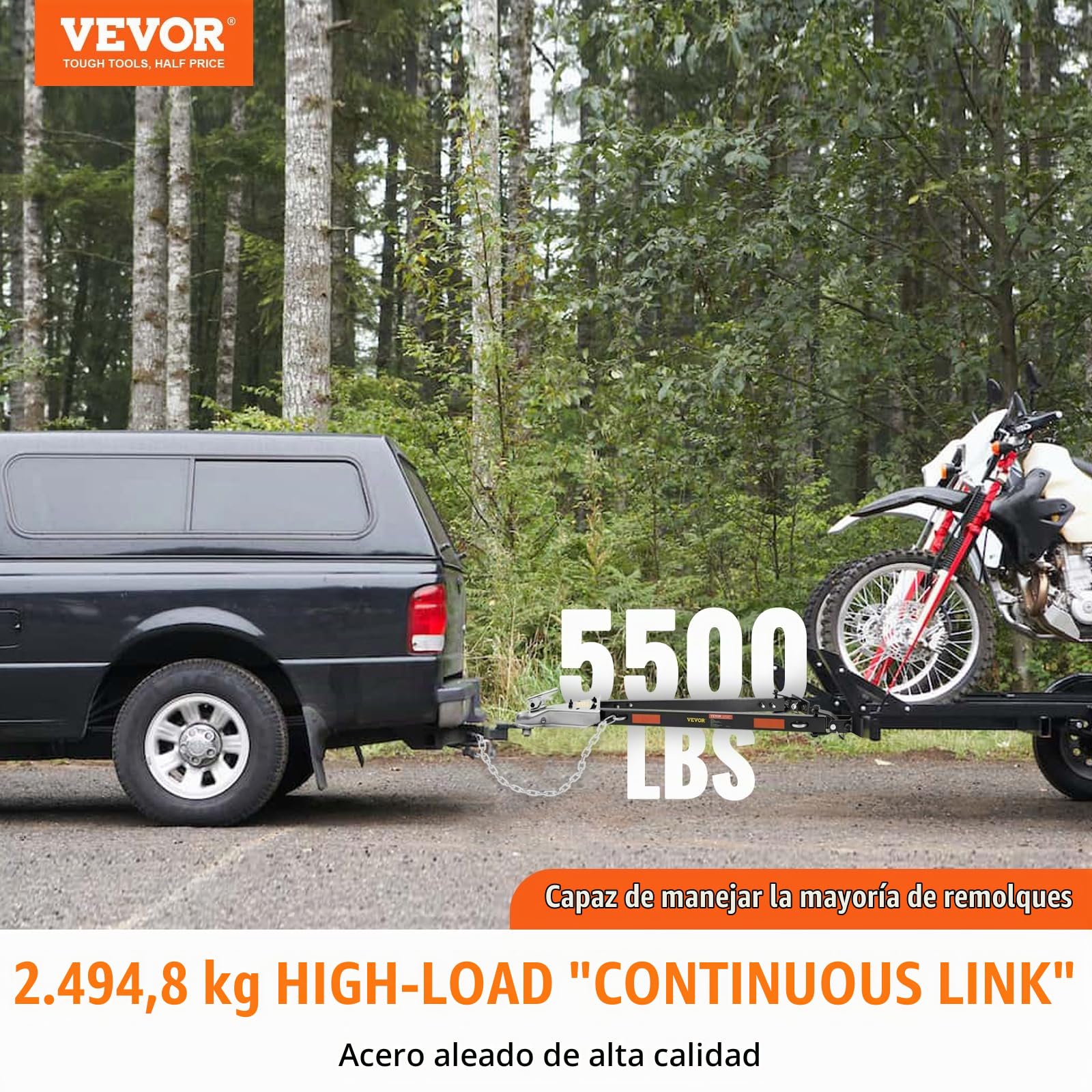 VEVOR Barra de Remolque, 2495 kg con Cadenas, Montaje de Parachoques Universal con Recubrimiento de Polvo de Aleación de Acero, Acoplador de Enganche de Bola de 2", Apertura de 1000 mm, para Camión