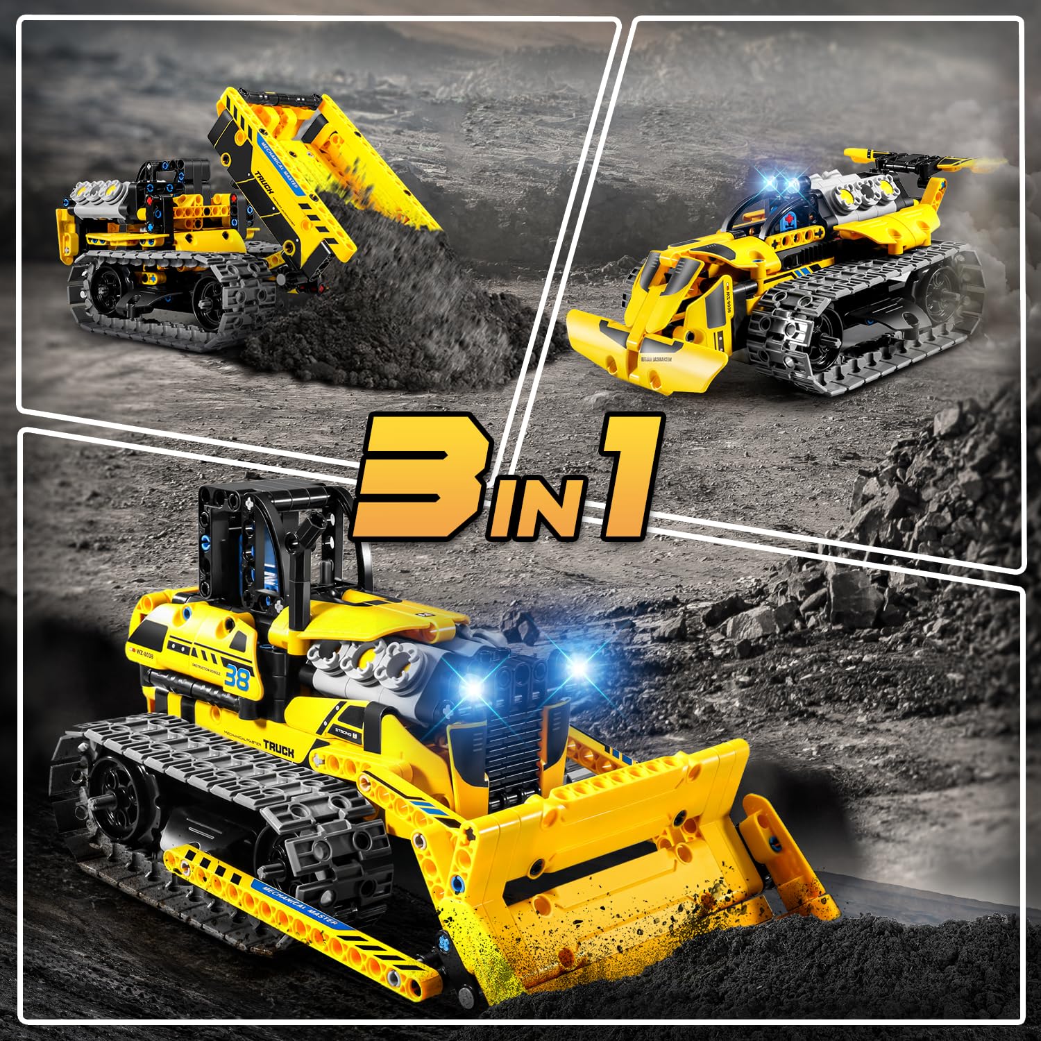 PLAXSOON Technic Vehículo de Construcción Teledirigido Juego de Construcción con Batería Recargable, 3-en-1 RC STEM Technic Bulldozer Camión Volquete Bloques de Construcción 452 Piezas, Regalo para