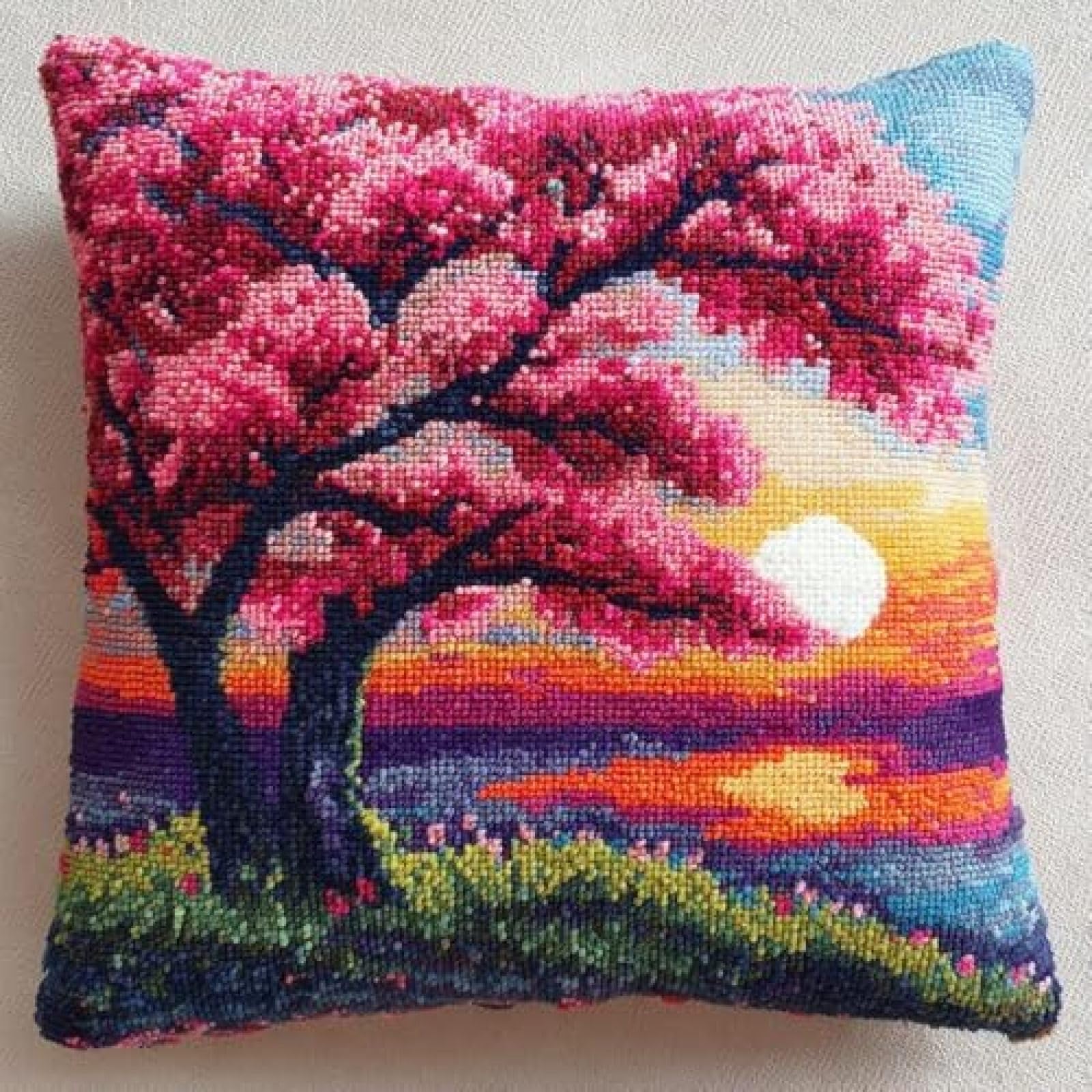 kitphoenix Latch Hook Cushion Cover Kit for Adults Beginners,Cherry Tree and Sunset,43x43 cm DIY Craft Kit with Pre-Printed Canvas,Pre-Cut Yarn and Hook