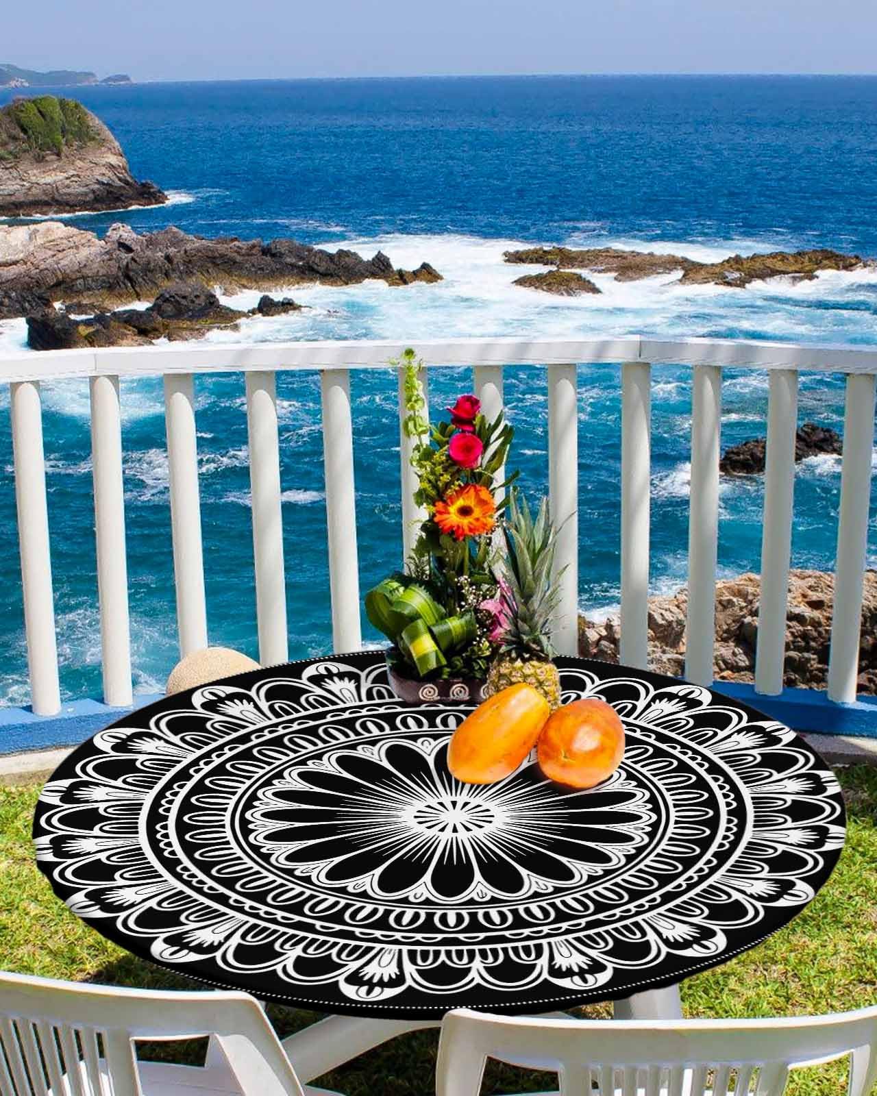 Classic Black White Mandala Round Fitted Tablecloth for Round Table,Boho Waterproof Table Cloth Table Cover with Elastic Edge,Vintage Ethnic Floral