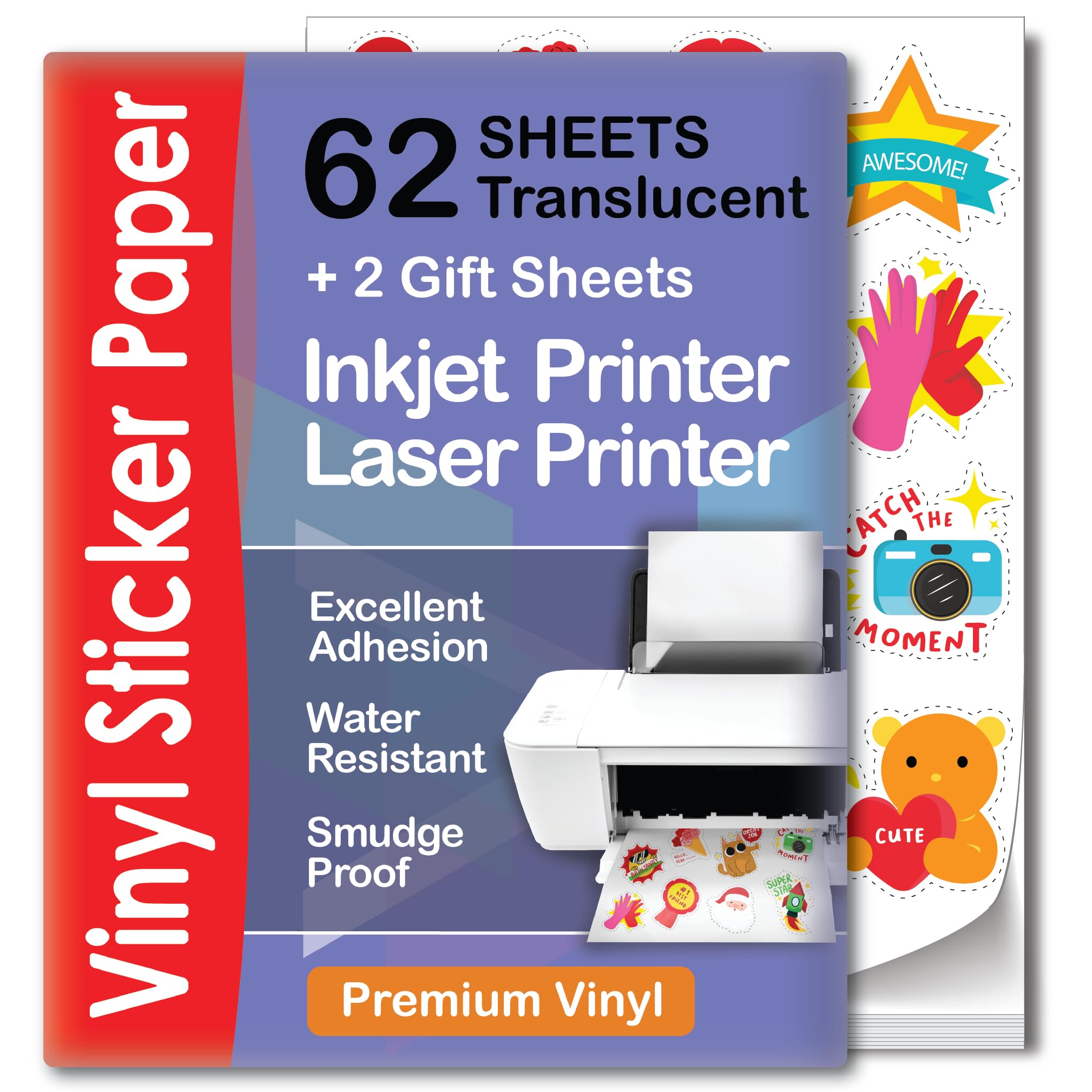 Translucent Semi-Clear Sticker Paper for Inkjet Printer & Laser Printer 62 Sheets - Self-Adhesive Water-Proof, Dries Quickly Vivid Colors, 8 ½ X 11 Inches Holds Ink Well - Tear Resistant