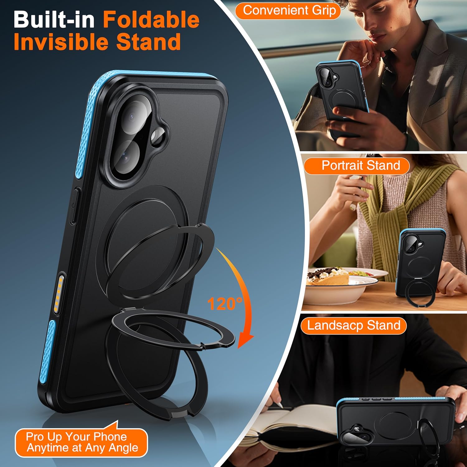 Oterkin Magnetic Waterproof for iPhone 17 Case with [Built-in Screen Protector][Invisible Kickstand][Fit for MagSafe][360º Full Body Sealed] Heavy Duty Rugged IP68 Underwater Case for iPhone 17-Blue - Image 4