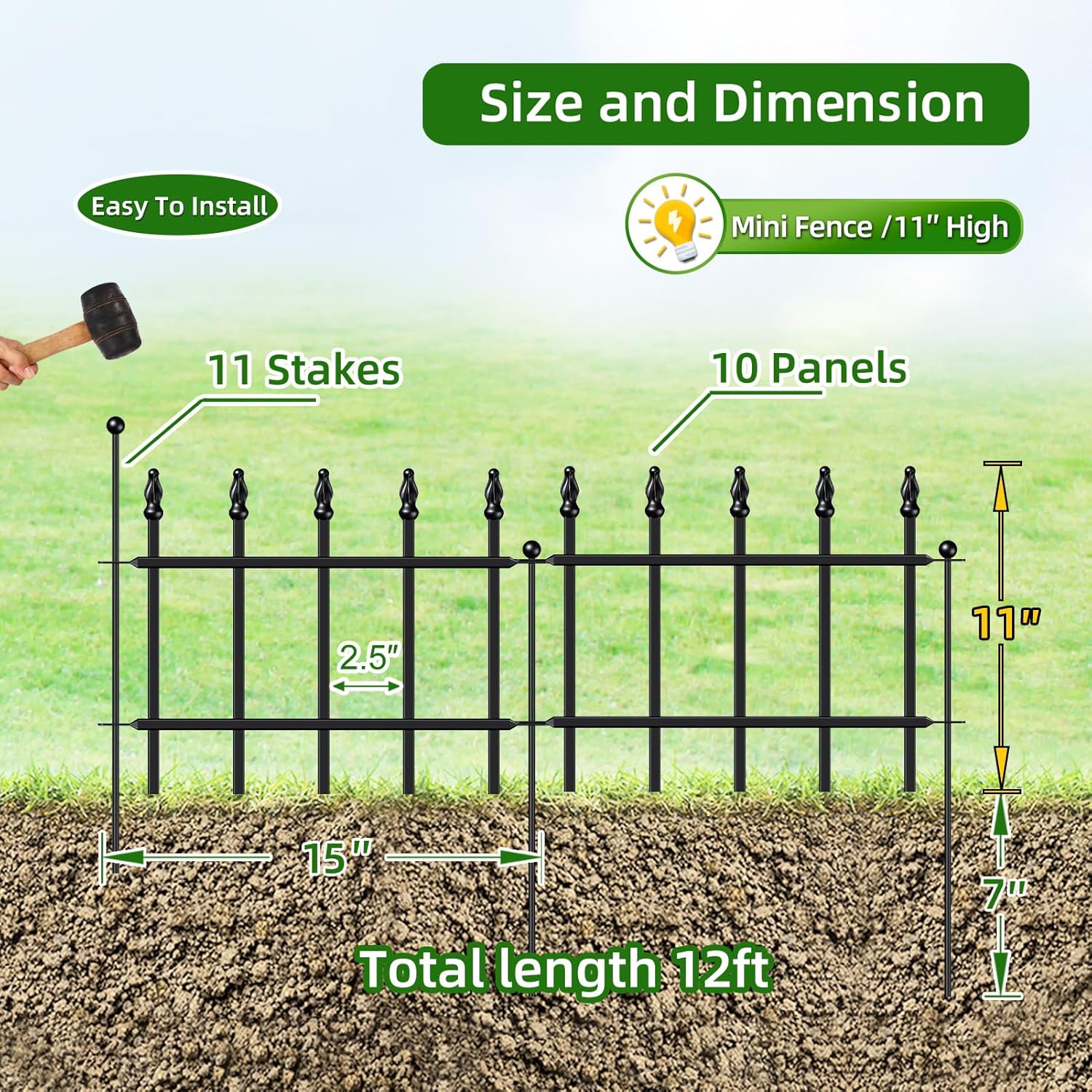 FOREHOGAR Decorative Metal Garden Fence 11in H x 12ft L, Small Border Fence Roman Column Deco, Garden Fencing for Flower Bed Lawn Landscape Outdoor, 10 Panels + 11 Stakes Black