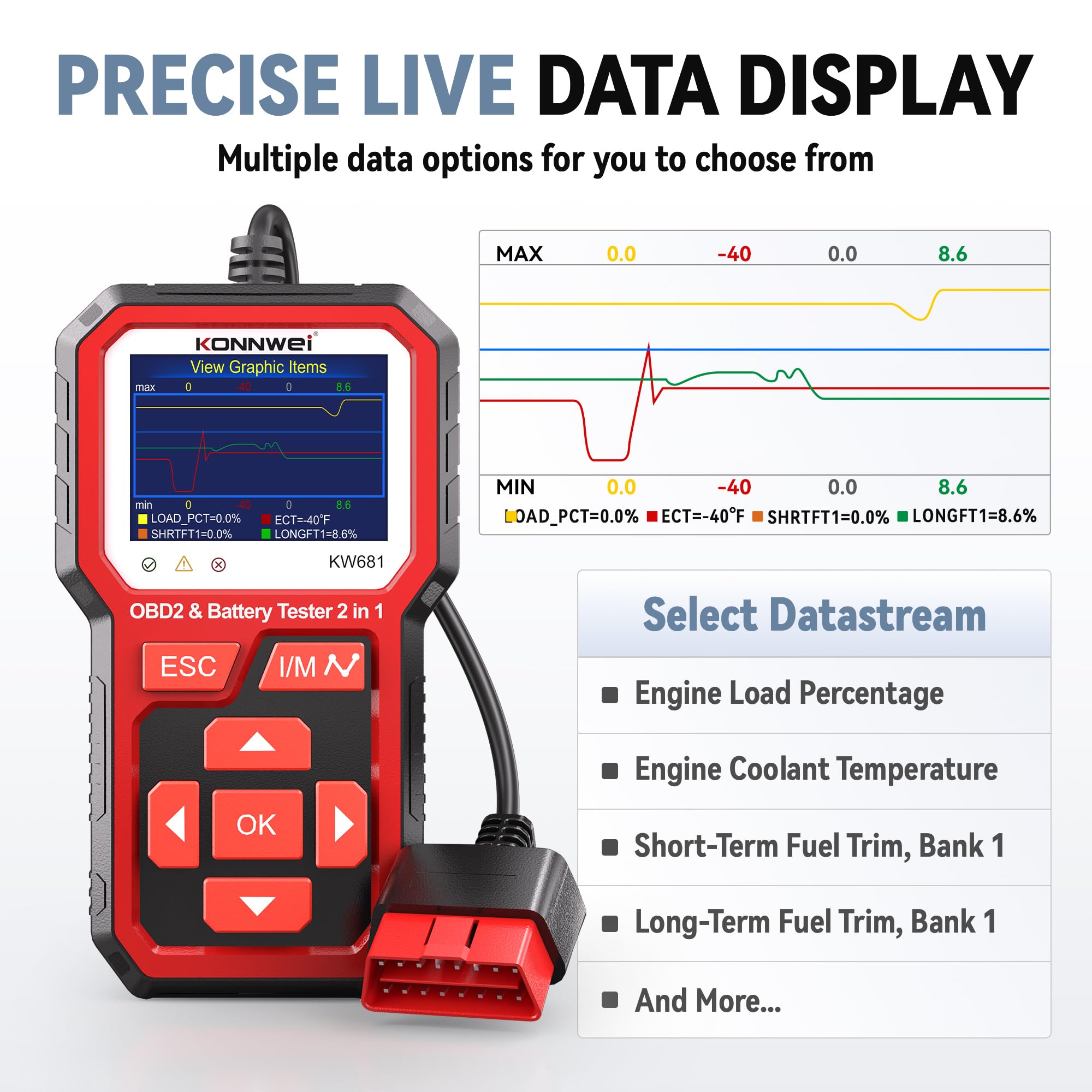 KONNWEI KW681 Auto walizka diagnostyczna 2 w 1, czytnik diagnostyczny OBD2 z testerem akumulatora samochodowego 6V/12 V, test akumulatora CCA/SOH/SOC, kompatybilny z pojazdami benzynowymi | Diagnostyka pojazdu