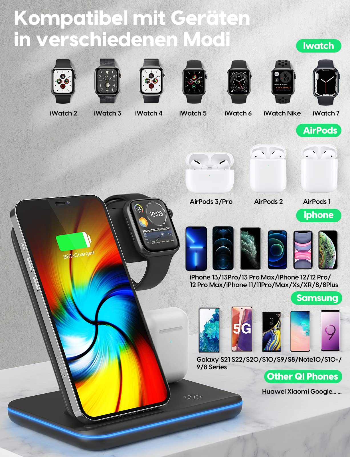 Ładowarka indukcyjna Stacja, 3 w 1, bezprzewodowa ładowarka 15 W, uniwersalna przenośna ładowarka Qi do iPhone'a, AirPods, iWatch, Samsung, Huawei