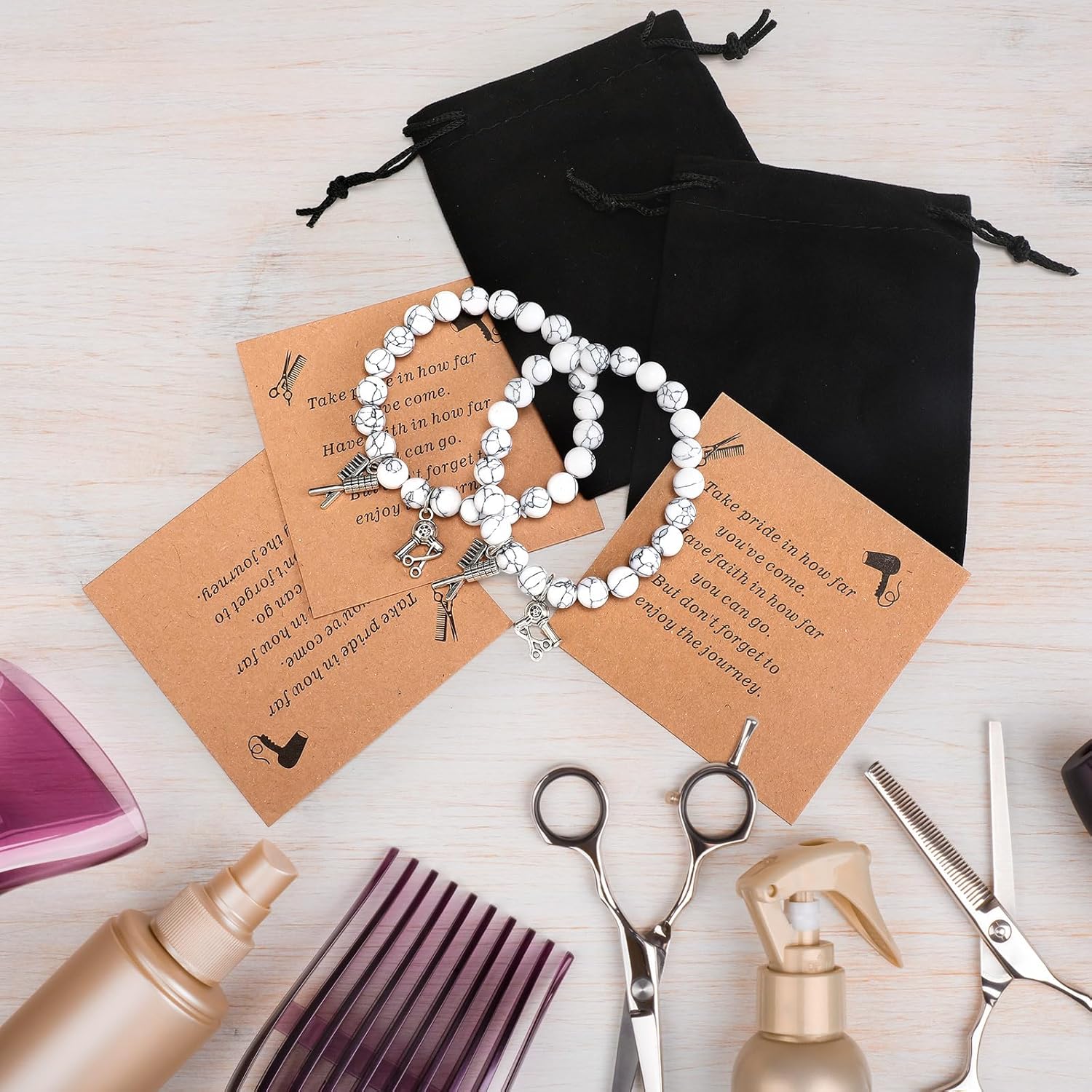 12 Set Hairstylist Gift Bracelet for Women 12 Hairdresser Bracelet 12 Card with Black Velvet Pouch Hair Stylist Jewelry Inspirational Cosmetology Gifts for Her Women Friends Hairdresser - Image 3