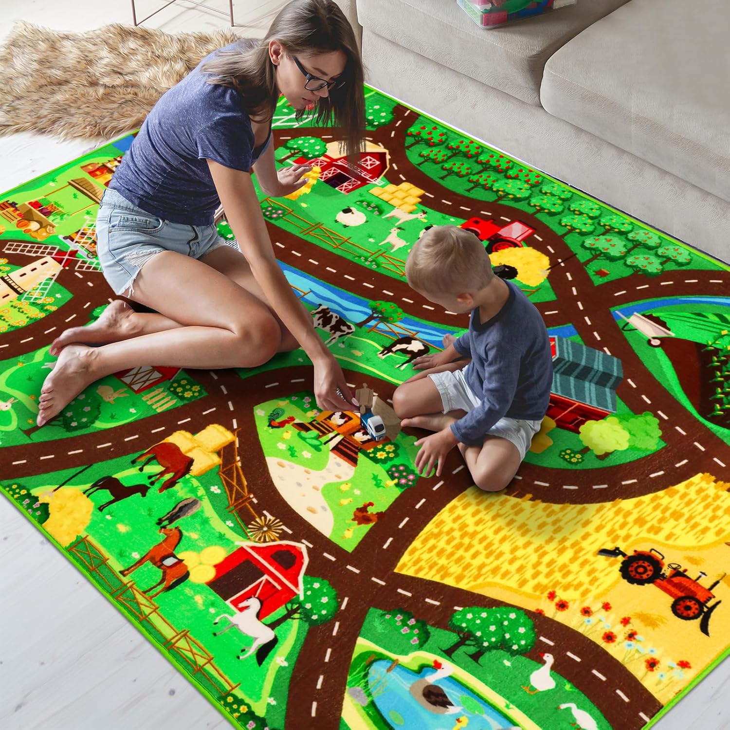 Kids Car Carpet,78.7"x59" Car Rugs for Kids Toy Cars,Non-Slip Farmhouse Road Rug for Kid,Kid Room Race Track Rug,Pasture Track Mat Car Play Rugs for Playroom Bedroom Boys