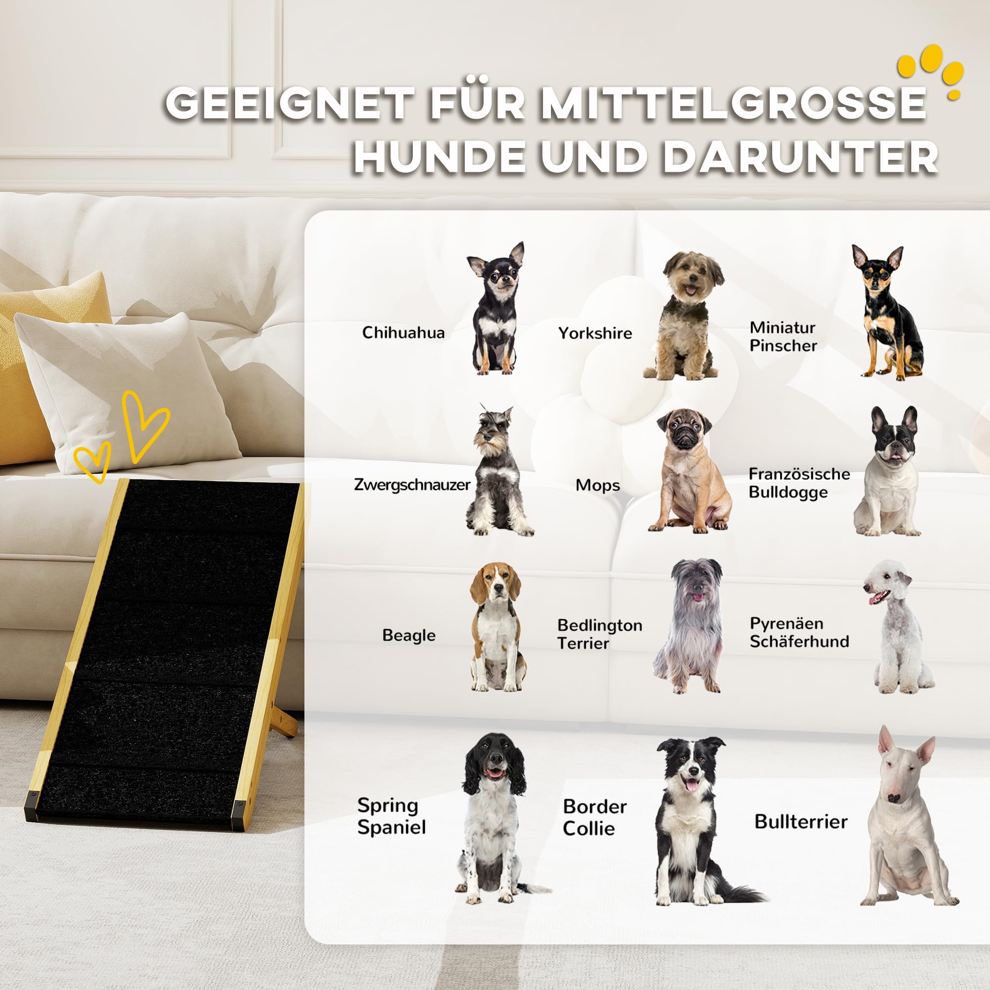 PawHut Rampa pieghevole per cani, rampa regolabile in altezza per animali domestici, ausilio per la pensione del cane antiscivolo per cani di piccola e media taglia fino a 15 kg, 83,5 x 35 x 47,5 cm,