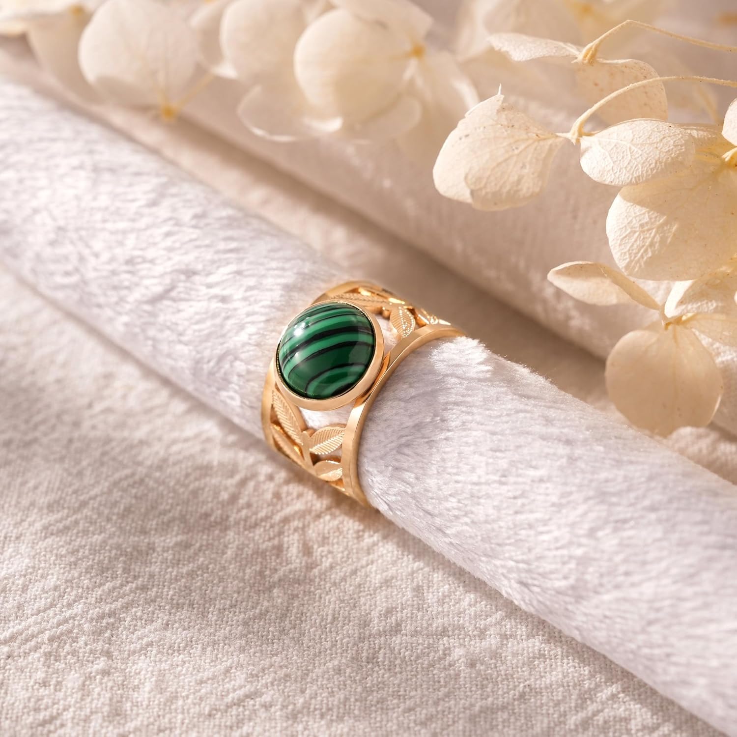 Western Malachite Statement Ring, Gold Plated Stainless Steel Green Gemstone Birthstones Adjustable Stackable Ring, Vintage Accessories Gifts for Women - Image 7