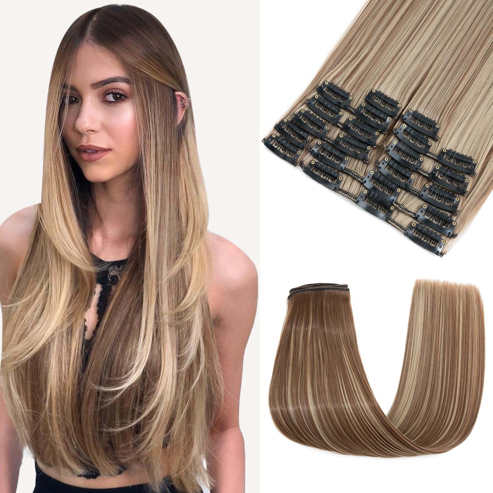 Elailite Extensiones de Clip de Pelo Postizo Sintético Efecto Natural 12 Piezas Postizos Cabello Liso [180g Full Head] # Castaño Claro/Rubio Ceniza