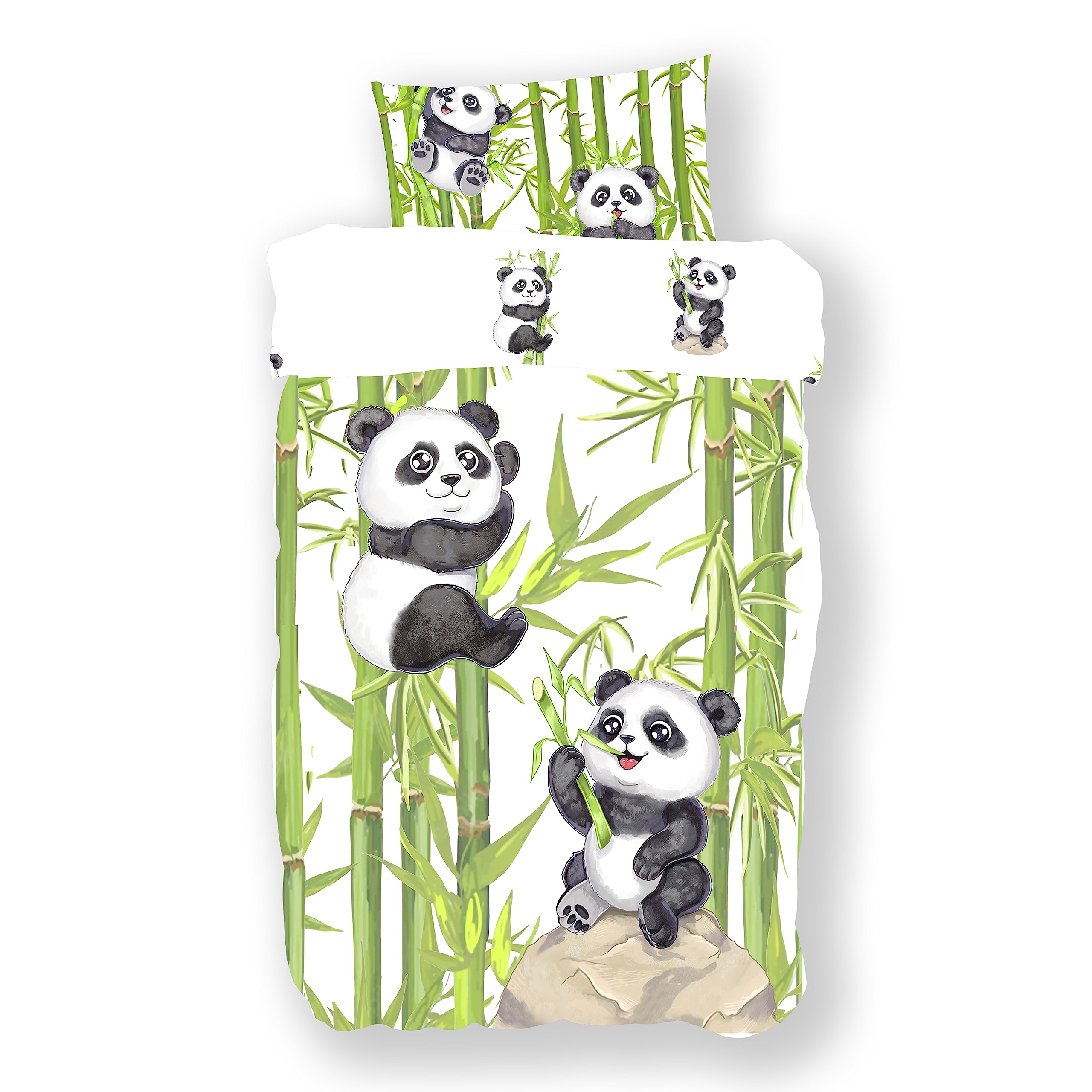 Koru Kids® Kinderbettwäsche 135x200 cm Panda – 2-teiliges Set mit Kissenbezug 80x80 cm – 100% Baumwolle – Bettwäsche 135x200 Kinder – Wendebettwäsche – Bettwäsche Kinder Mädchen Junge