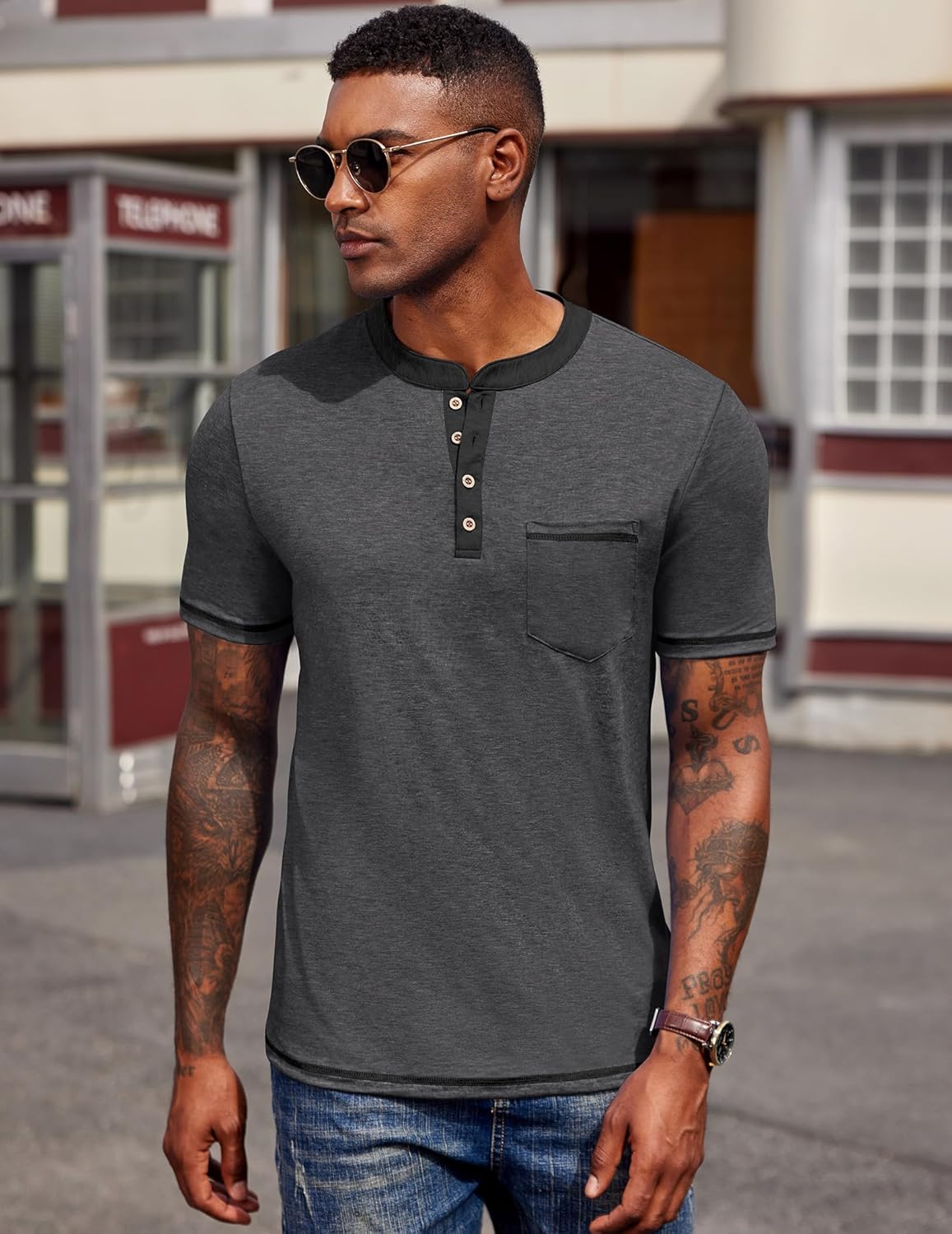 COOFANDY Mens Henley Shirts Short Sleeve Casual Button T-Shirts Basic Tee Shirts Summer Vintage T Shirts with Pocket - Image 2