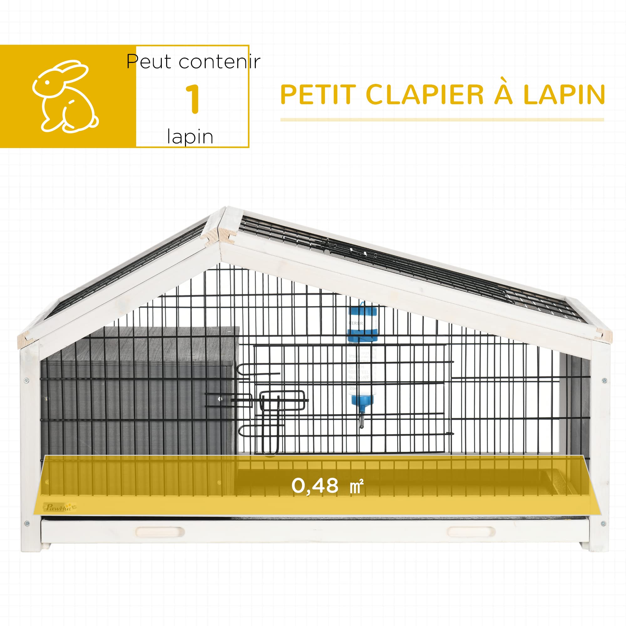 PawHut Clapier Cage à Lapin - Cage à Lapin intérieur Niche, Plateau déjection, Porte et Toit ouvrant verrouillables, Abreuvoir - Acier Noir Sapin Gris Blanc