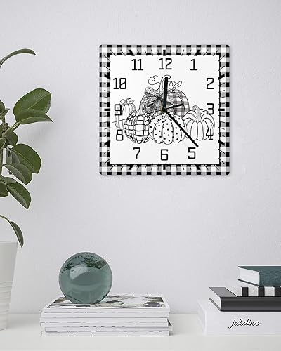 Miniatura 3 de Thanksgiving Wooden Wall Clock Silent Non Ticking, Black Line Hand Draw Pumpkins Plaid Fall Square Wall Clock Battery Operated, Decor Clock for Home