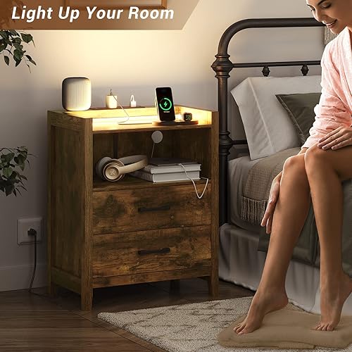 Miniatura 2 de EPHEX Juego de 2 mesitas de noche con luces LED y estación de carga mesa auxiliar con 2 cajones y almacenamiento abierto mesita de noche moderna