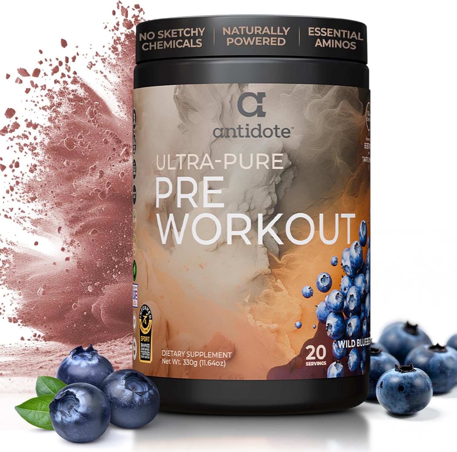 Antidote Clean Pre-Workout Powder – Natural Energy & Focus Booster with Beetroot, Creatine & Beta-Alanine – No Artificial Additives – Vegan, Keto-Friendly Supplement – Wild Blueberry – 20 Servings