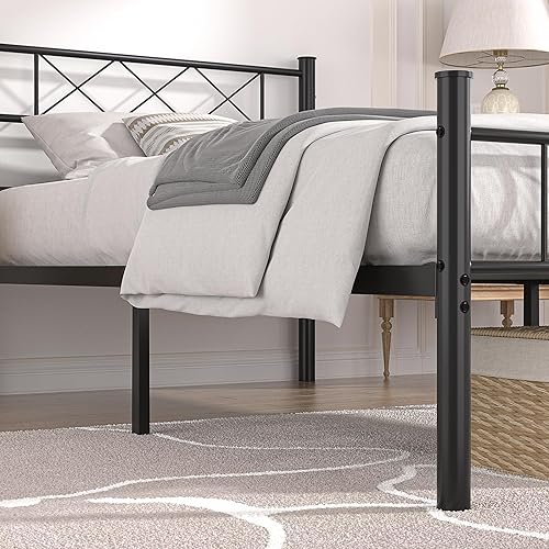 Miniatura 5 de VECELO Base de cama tamaño individual con cabecero, plataforma resistente y base de colchón con soporte de listones de metal, no necesita somier,