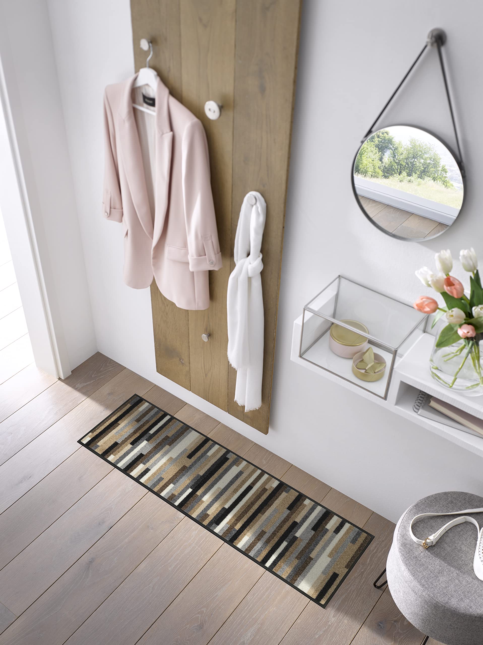Wash+Dry Tapis de Sol, Mikado Stripes Nature 35x120cm, intérieur et extérieur, Lavable