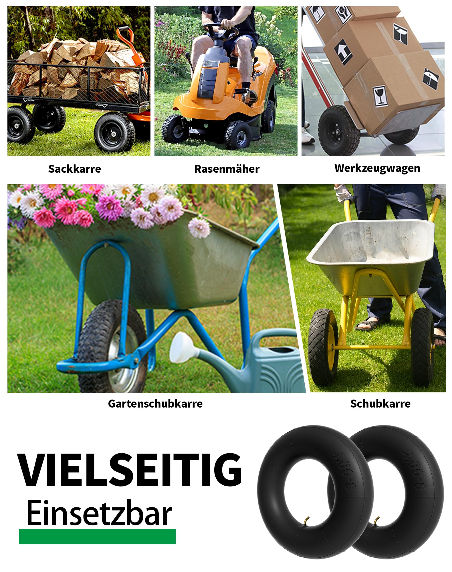 2pcs Camera d'aria 4.80 4.00-8 Pneumatico 4.80/4.00-8 per Ruota Carriola Carrello Diavolo Scooter Carrello a Mano Carrello da Giardino