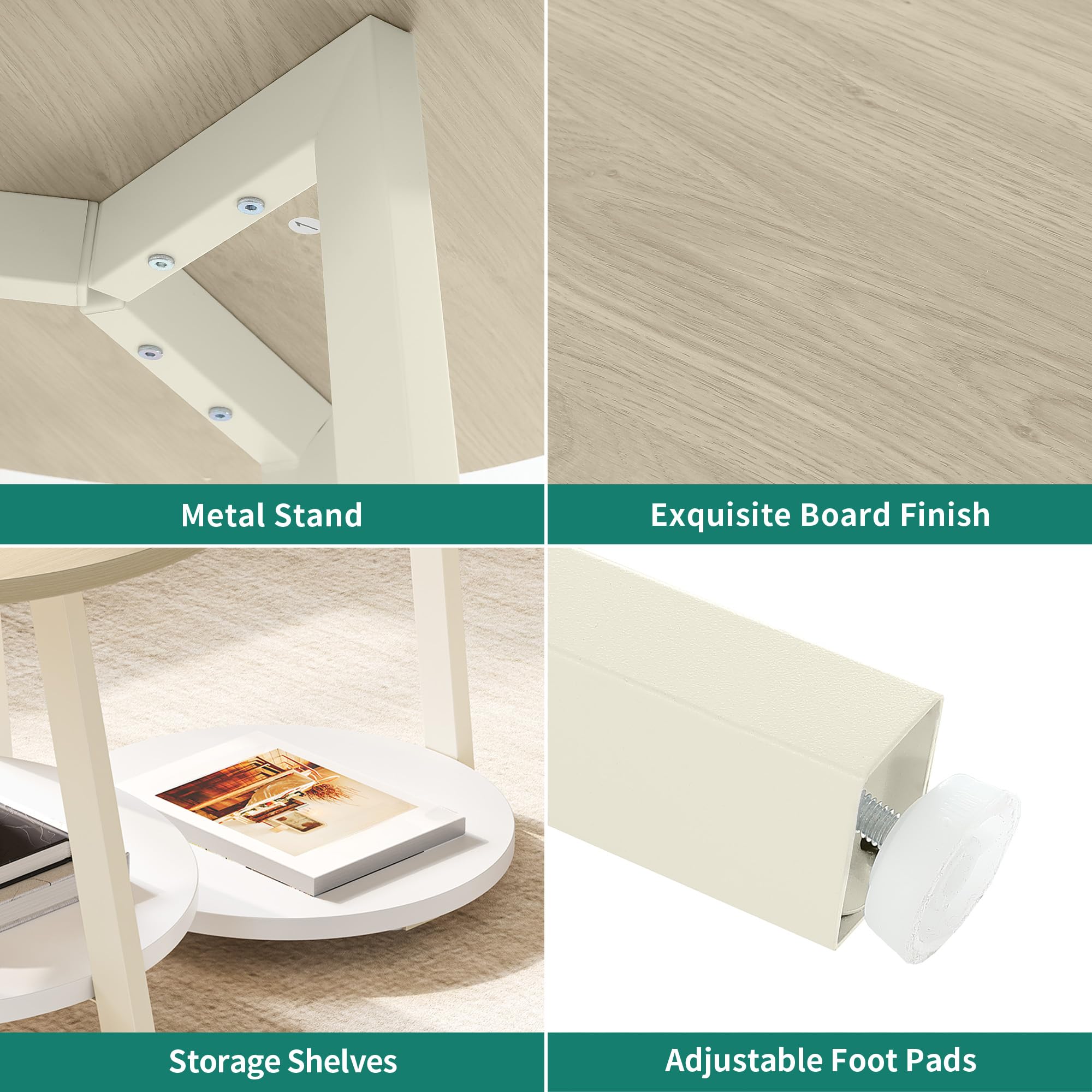 YITAHOME 2er Set Couchtisch Set Rund, Wohnzimmertisch mit Stauraum, Beistelltisch 2er Set Stapelbar mit Holzplatte und Metallrahmen, C-förmiger Beistelltisch, Couch Tisch Wohnzimmer, Eiche