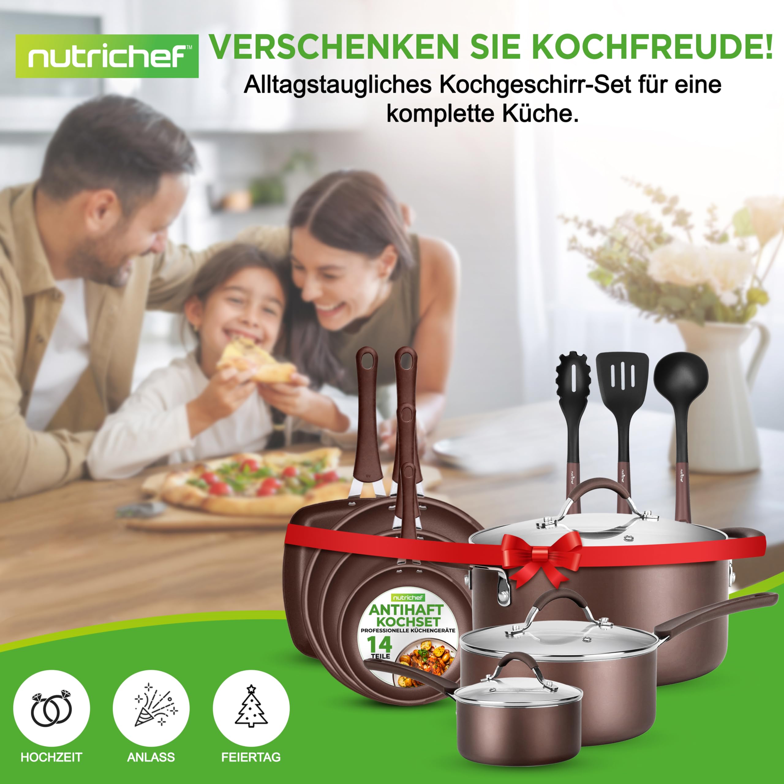 Nutrichef Pfannen & Induktions Töpfe Set, 14-Teiliges Pfannenset & Topfset Induktion,Töpfe & Pfannen mit Cool-touch Griffen PFOA/PFOS-frei – Non Stick – Aluminium mit Edelstahl Kanten – ofenfest